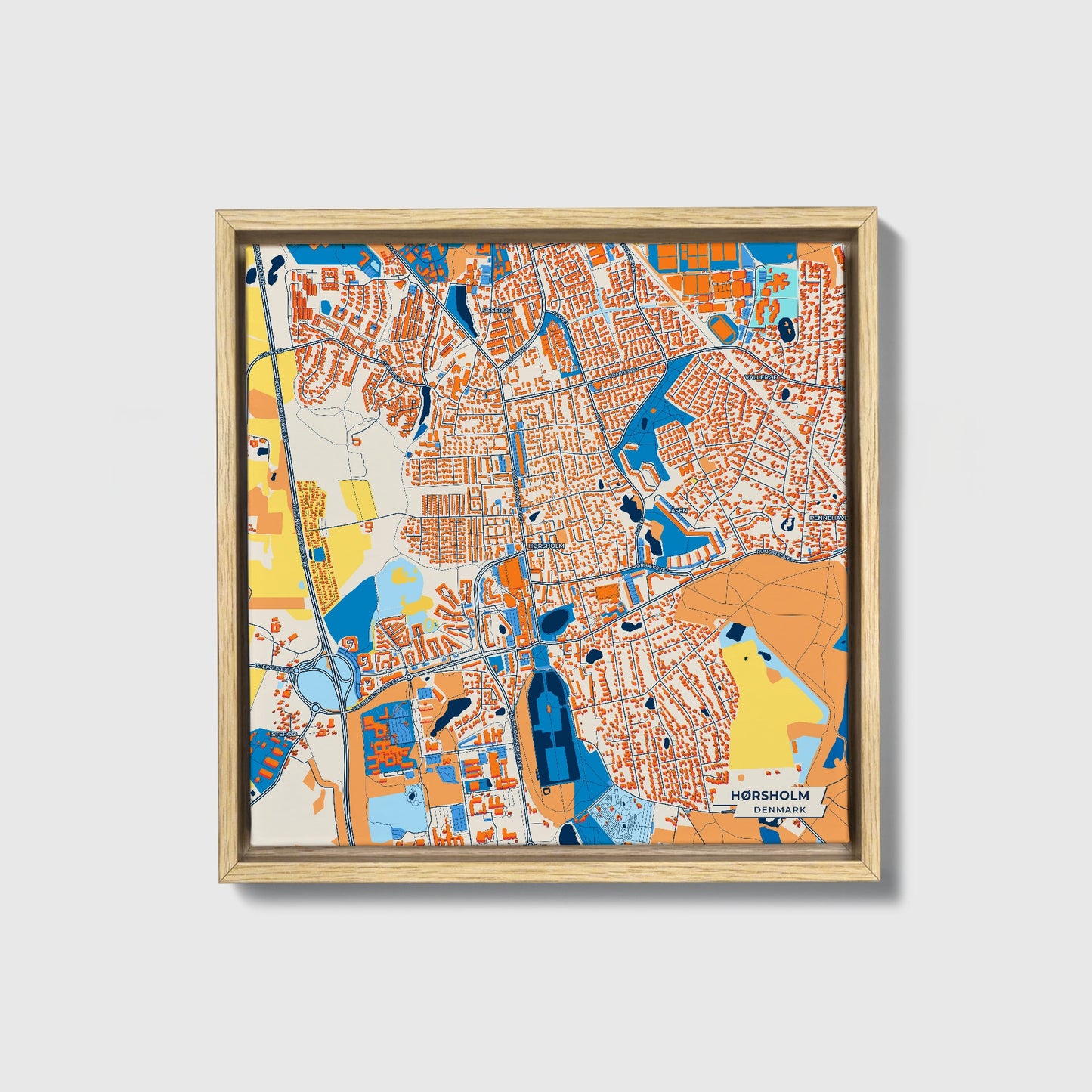 Hørsholm Denmark Colorful City Map Canvas Print • Natural Wooden Framed