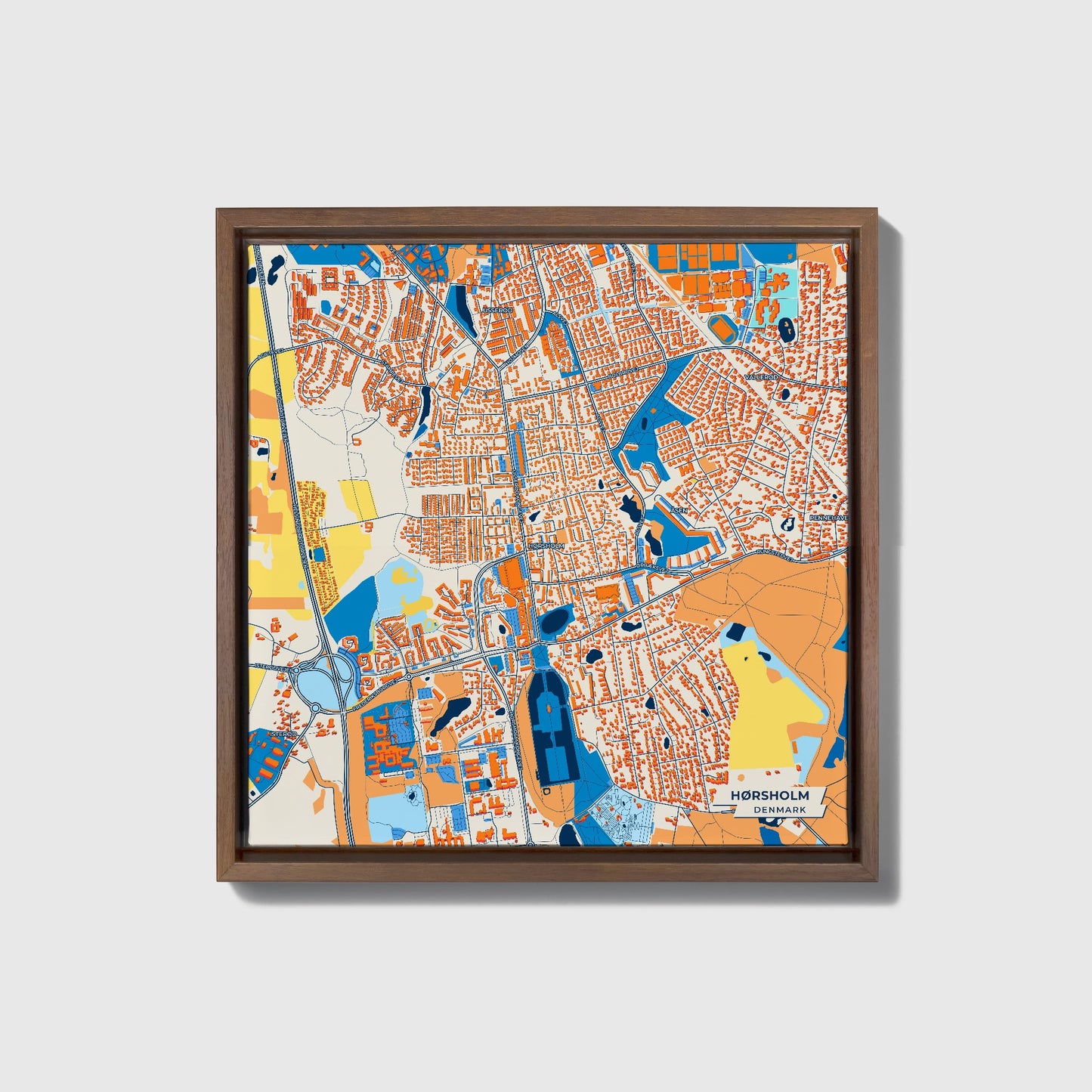 Hørsholm Denmark Colorful City Map Canvas Print • Dark Wooden Framed