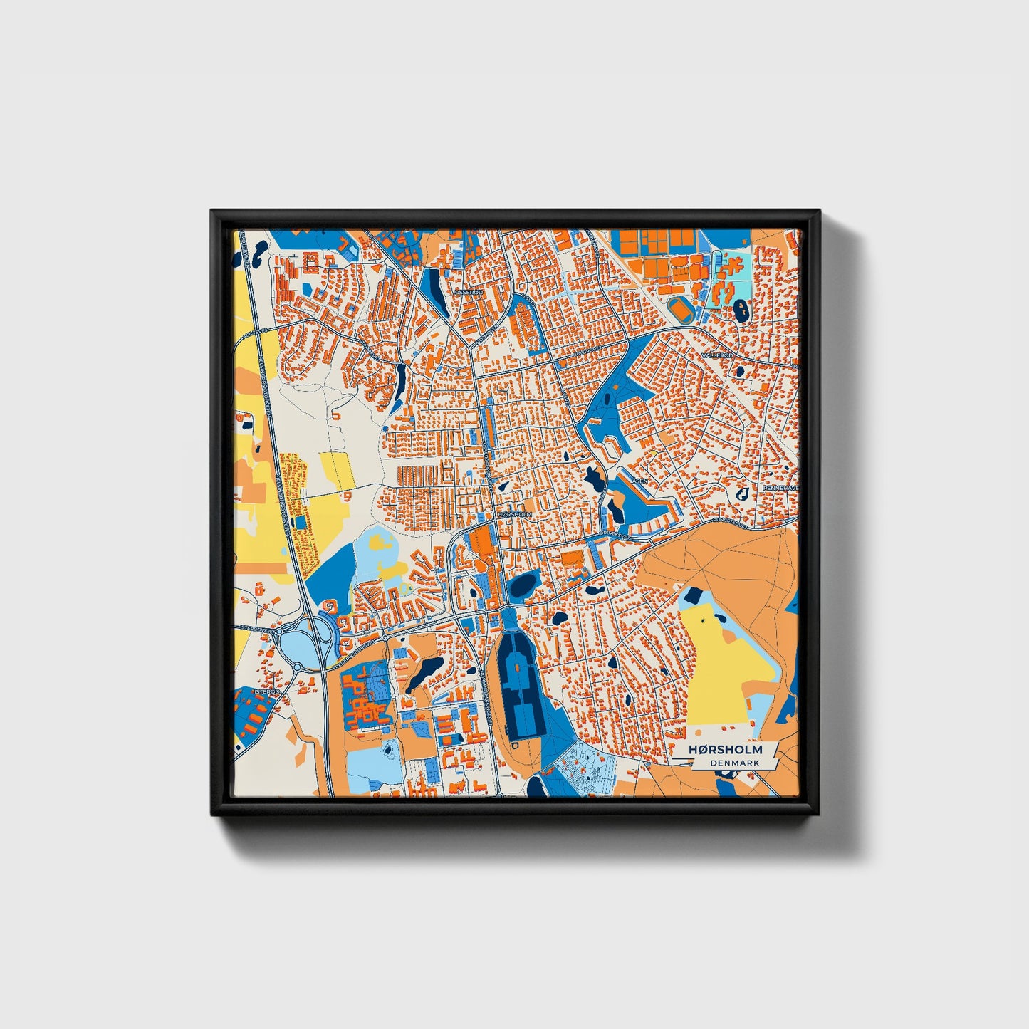 Hørsholm Denmark Colorful City Map Canvas Print • Black Framed