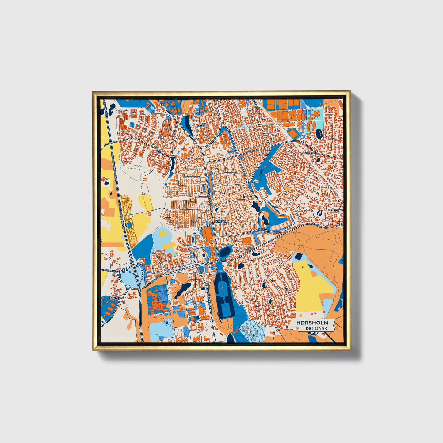 Hørsholm Denmark Colorful City Map Canvas Print • Gold Framed
