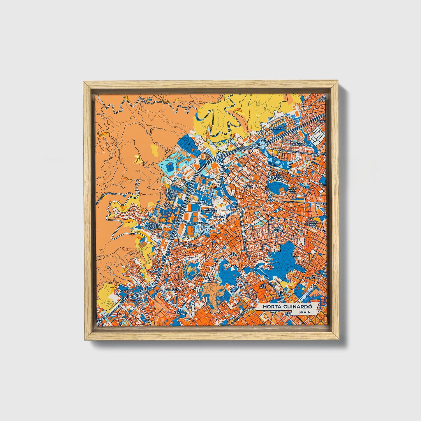 Horta-Guinardó Spain Colorful City Map Canvas Print • Natural Wooden Framed