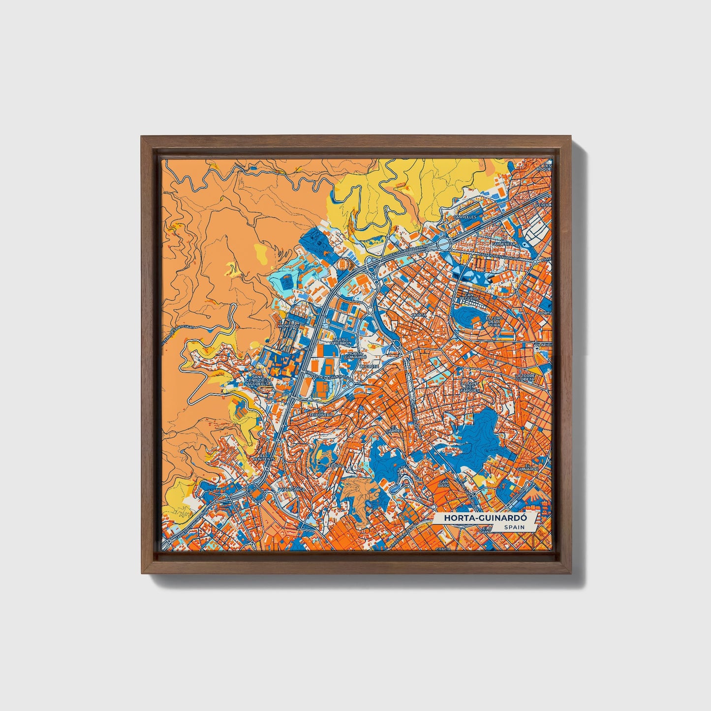 Horta-Guinardó Spain Colorful City Map Canvas Print • Dark Wooden Framed