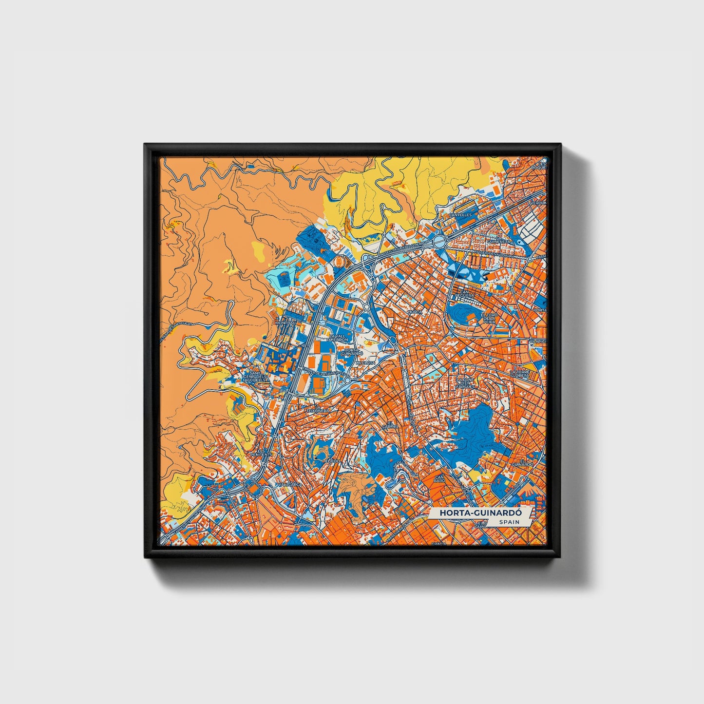 Horta-Guinardó Spain Colorful City Map Canvas Print • Black Framed