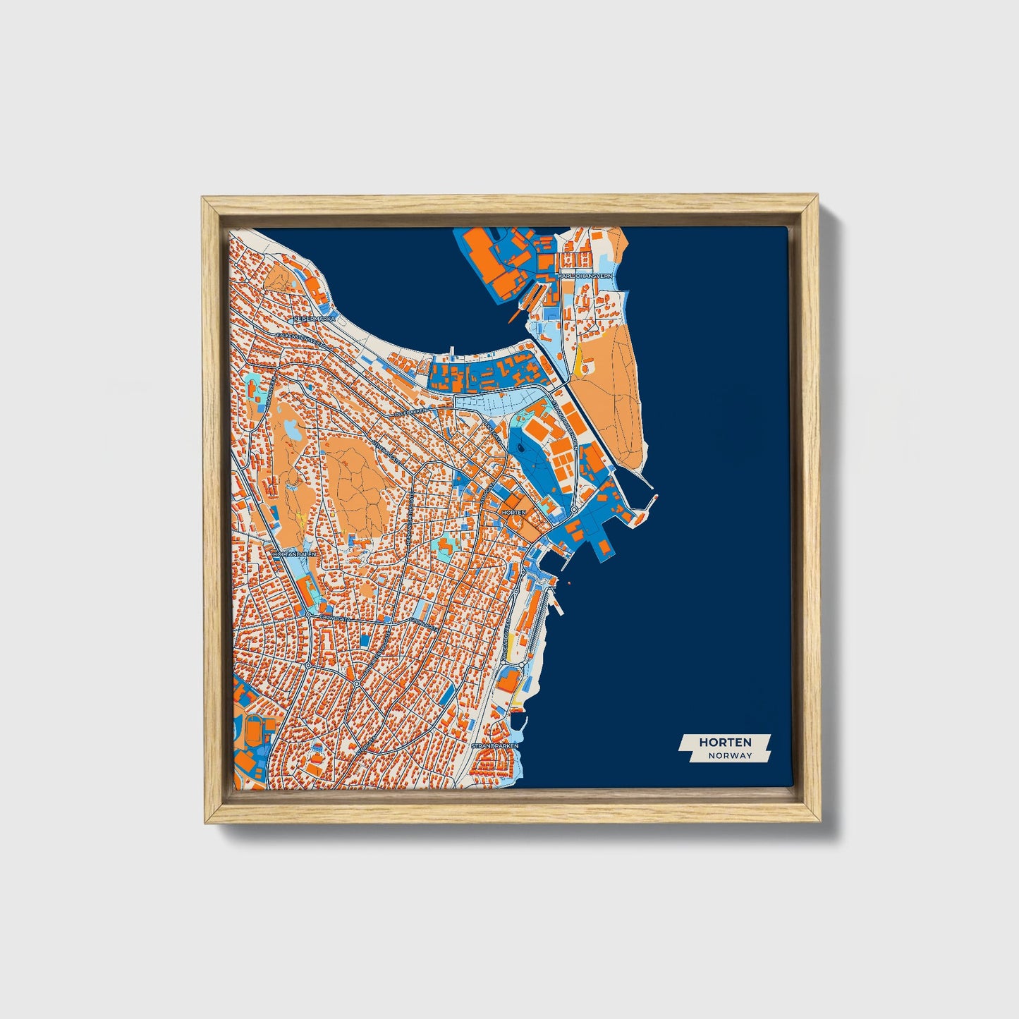 Horten Norway Colorful City Map Canvas Print • Natural Wooden Framed