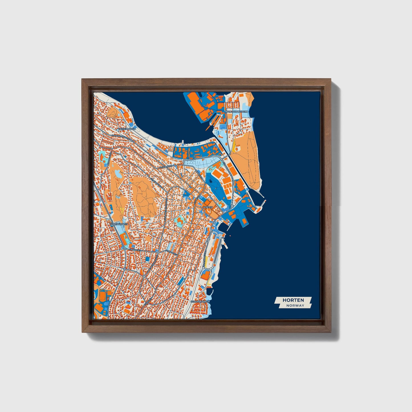 Horten Norway Colorful City Map Canvas Print • Dark Wooden Framed