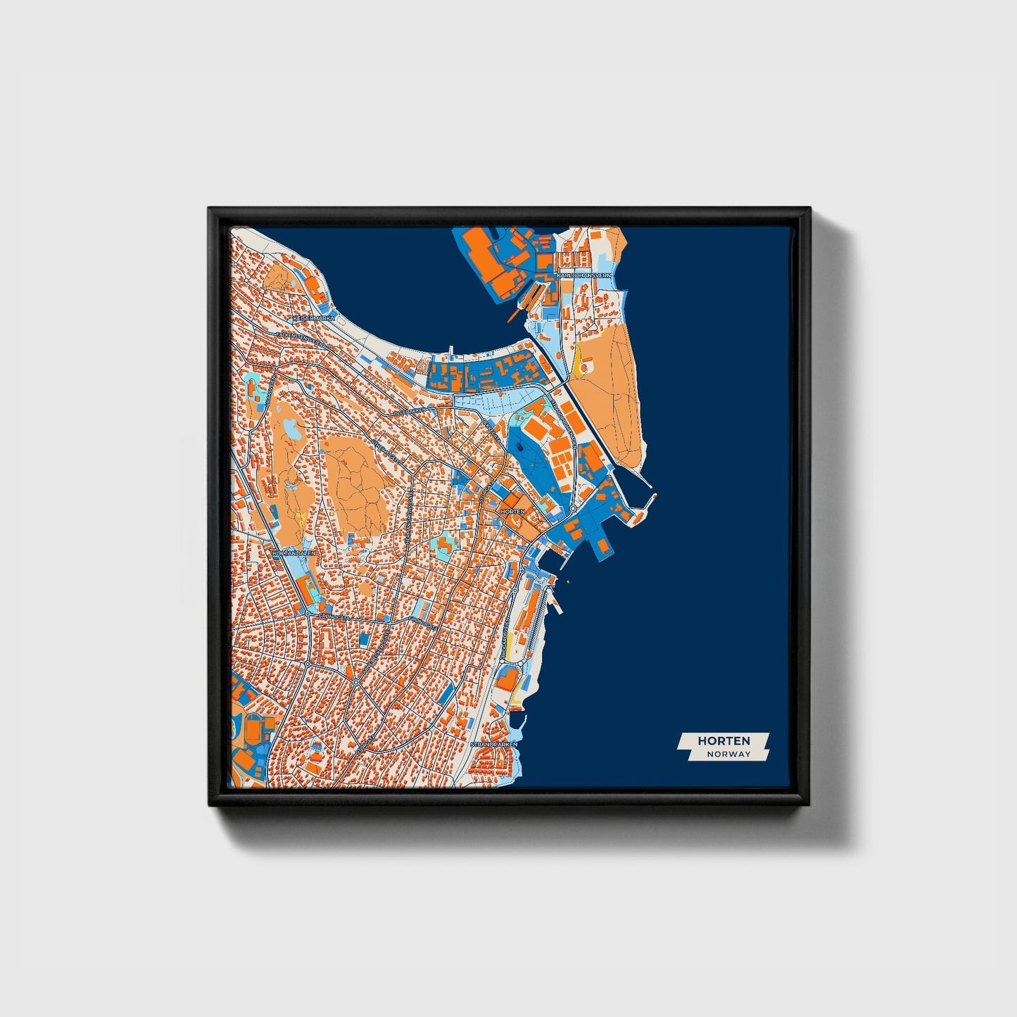 Horten Norway Colorful City Map Canvas Print • Black Framed