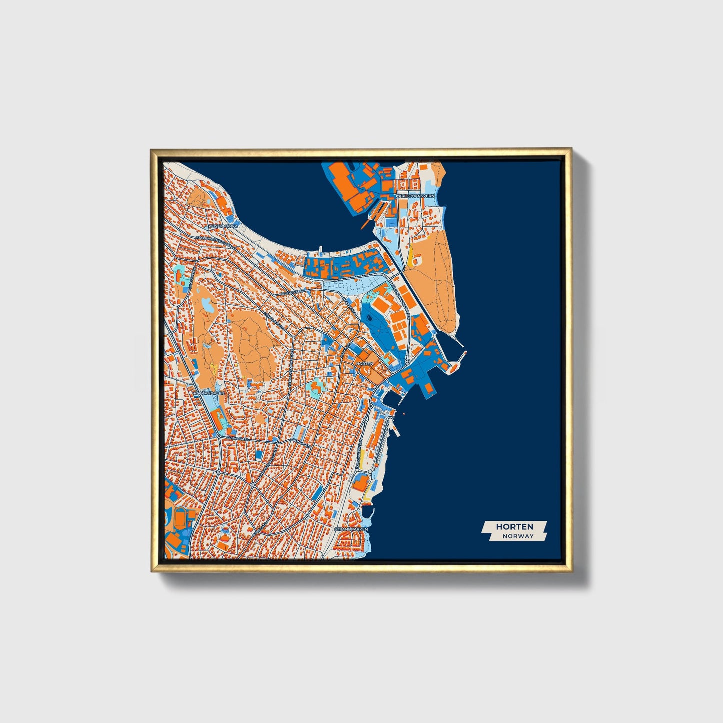 Horten Norway Colorful City Map Canvas Print • Gold Framed