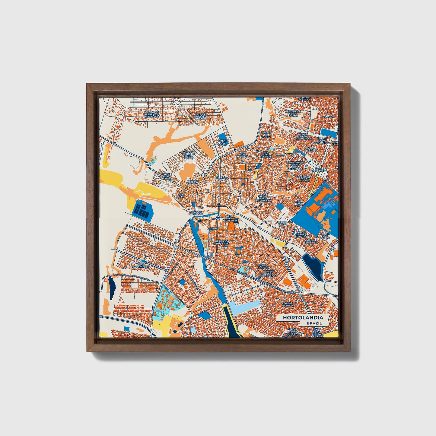Hortolandia Brazil Colorful City Map Canvas Print • Dark Wooden Framed