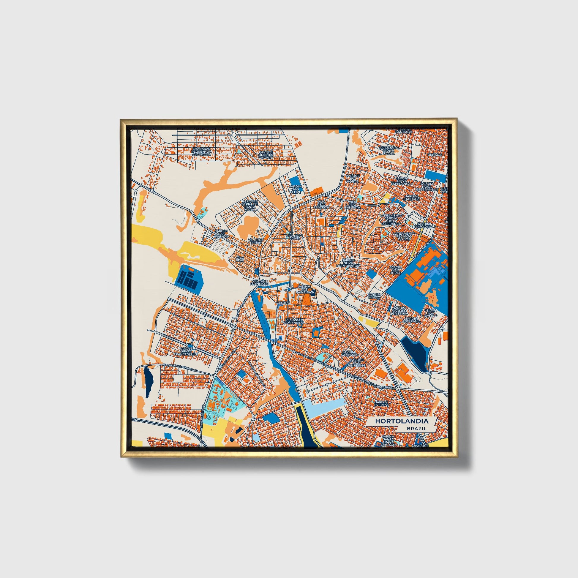 Hortolandia Brazil Colorful City Map Canvas Print • Gold Framed