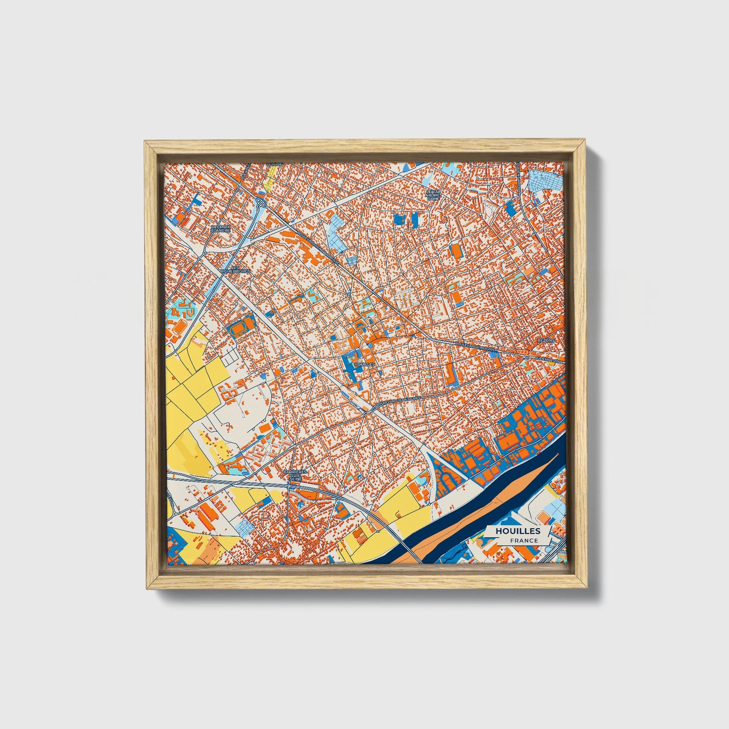 Houilles France Colorful City Map Canvas Print • Natural Wooden Framed