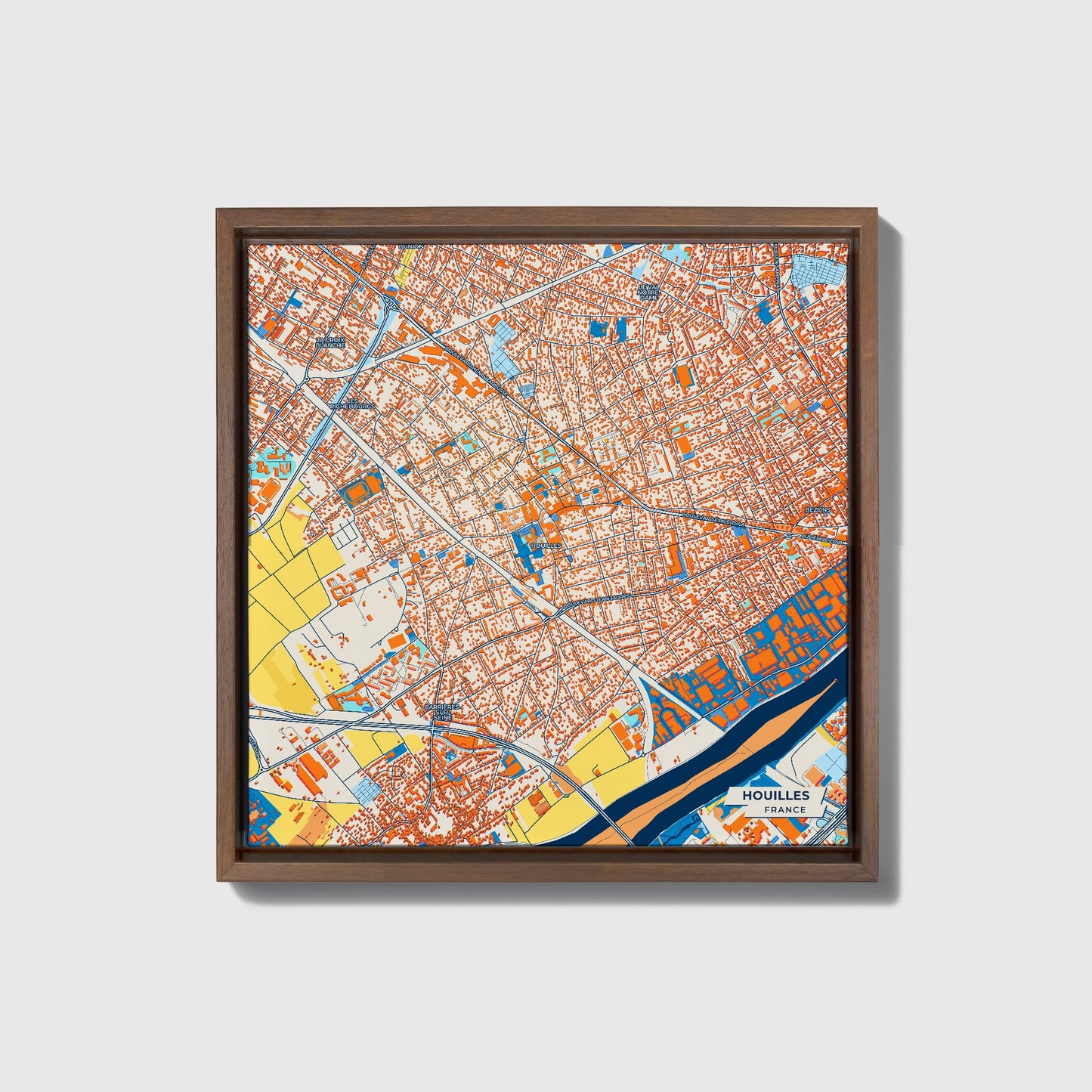 Houilles France Colorful City Map Canvas Print • Dark Wooden Framed