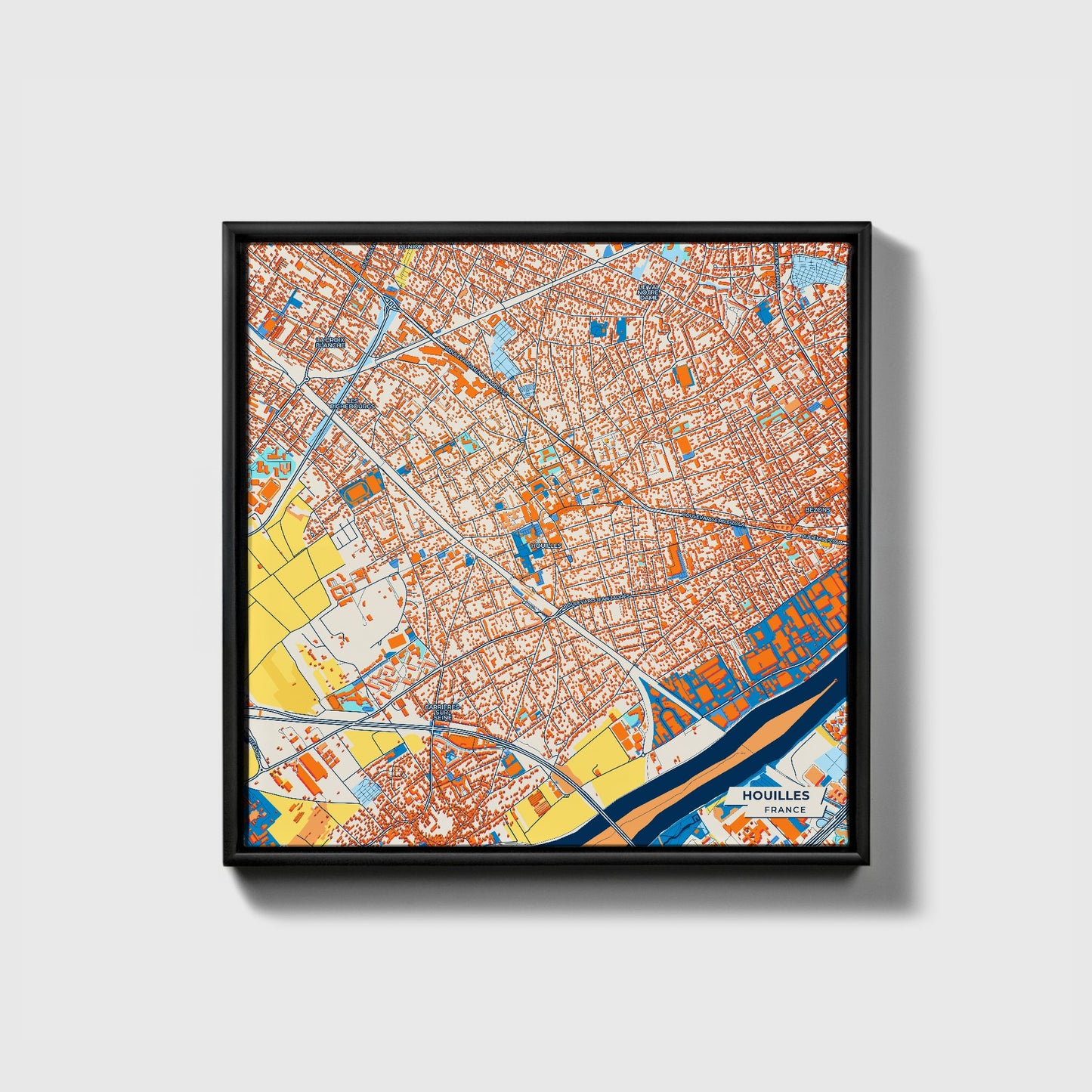 Houilles France Colorful City Map Canvas Print • Black Framed