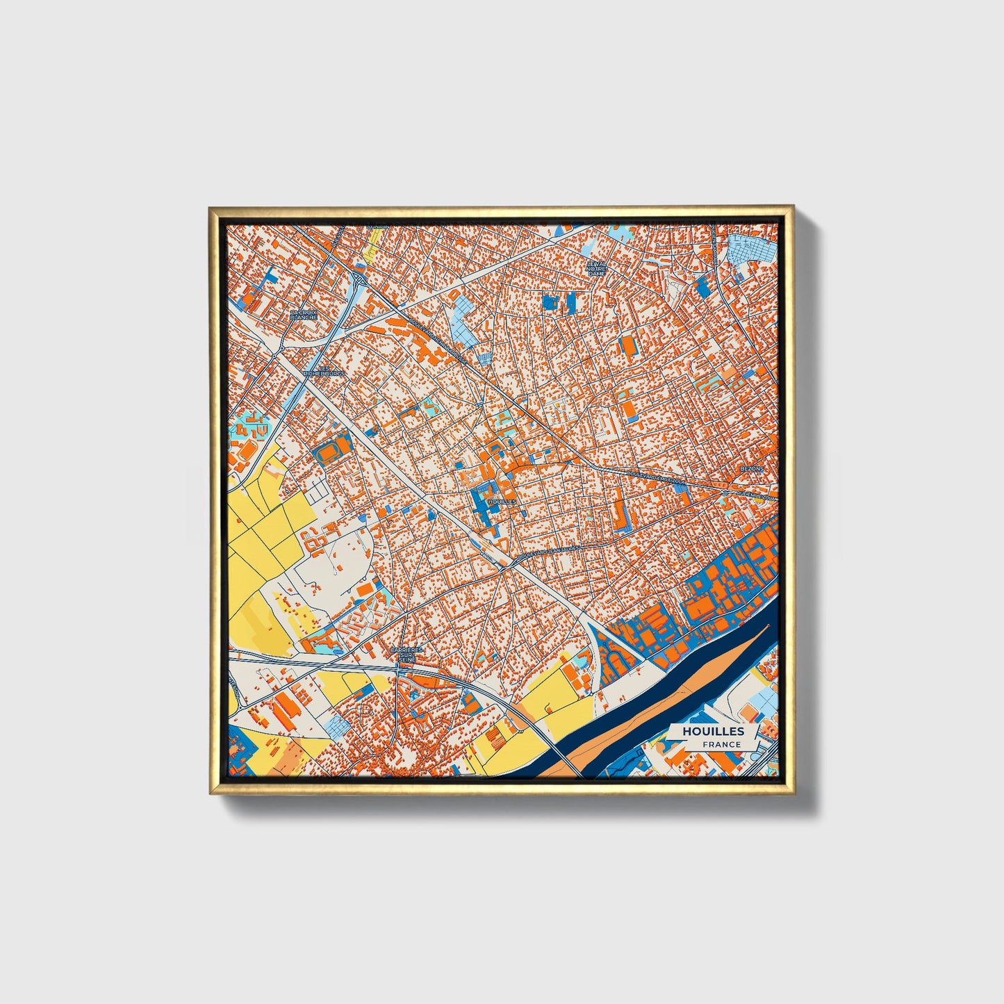 Houilles France Colorful City Map Canvas Print • Gold Framed