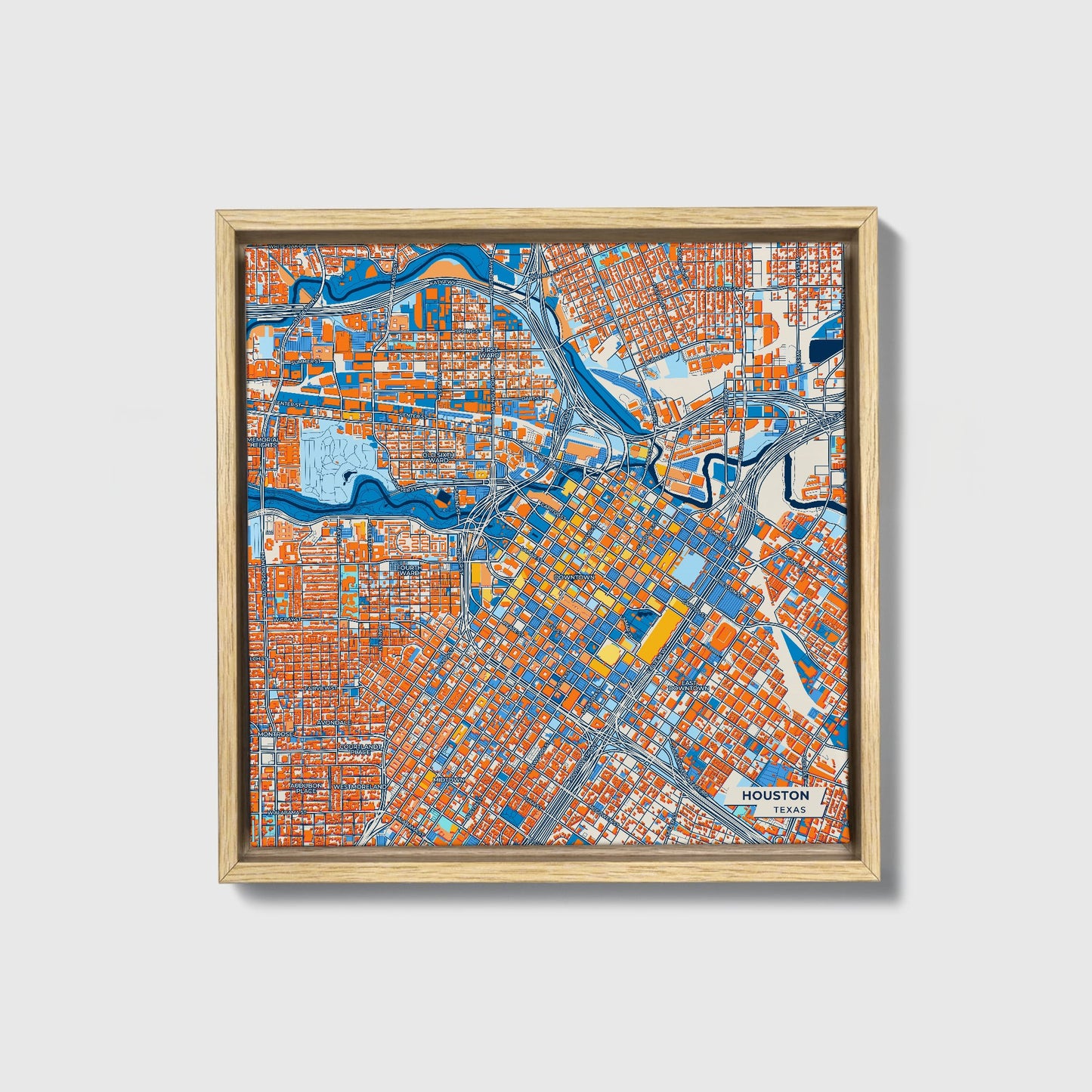 Houston Texas Colorful City Map Canvas Print • Natural Wooden Framed