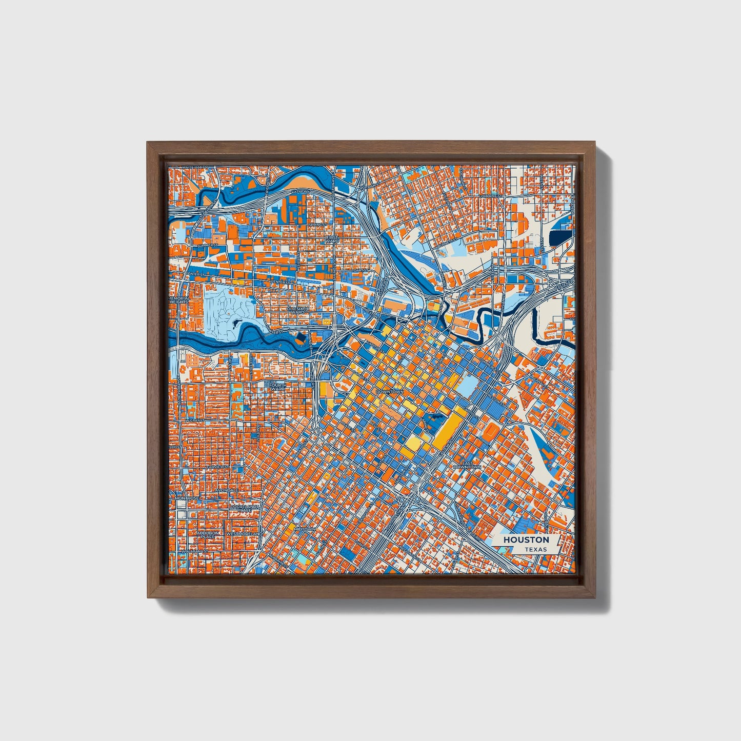 Houston Texas Colorful City Map Canvas Print • Dark Wooden Framed