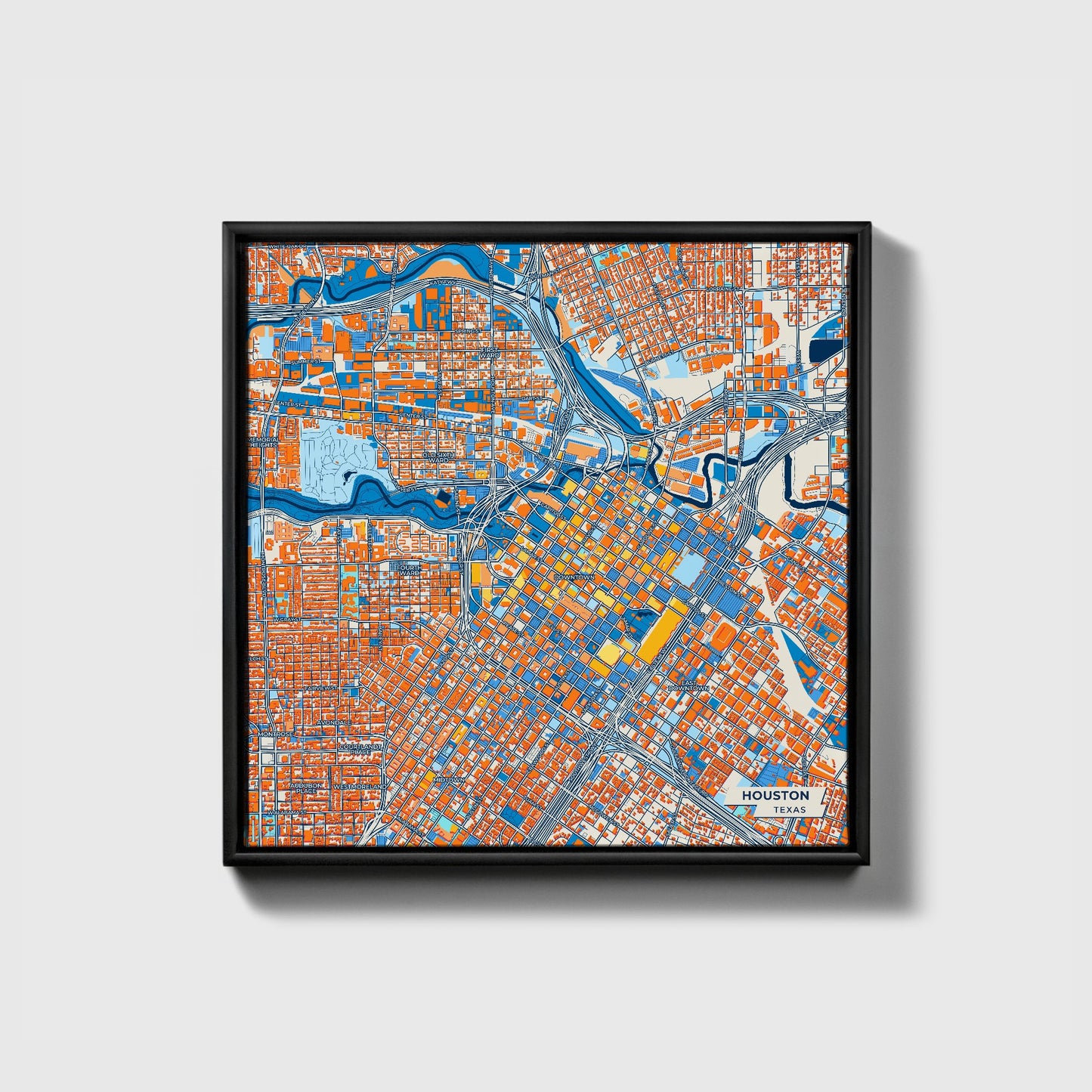 Houston Texas Colorful City Map Canvas Print • Black Framed