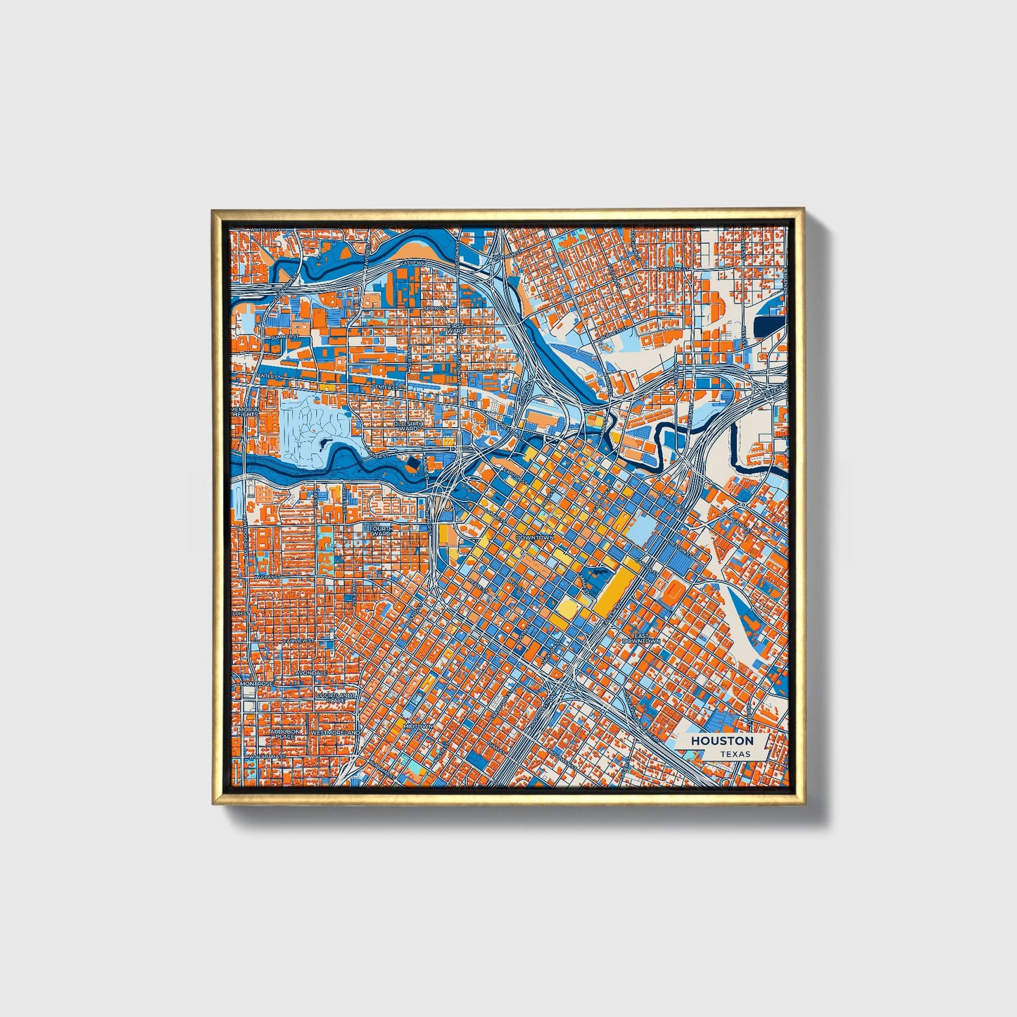 Houston Texas Colorful City Map Canvas Print • Gold Framed
