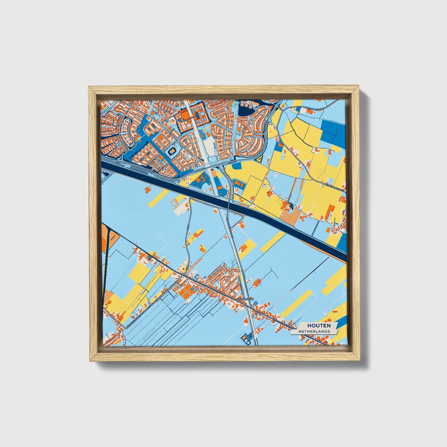 Houten Netherlands Colorful City Map Canvas Print • Natural Wooden Framed