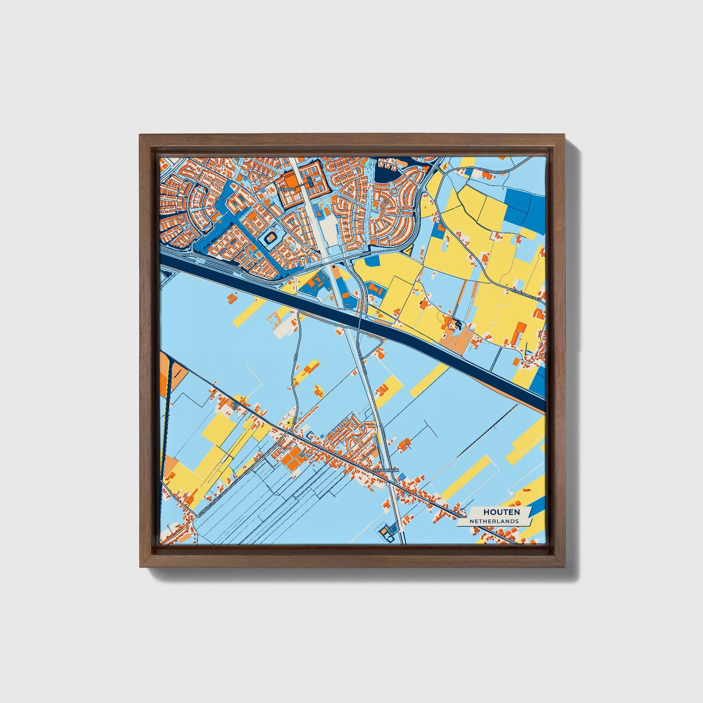 Houten Netherlands Colorful City Map Canvas Print • Dark Wooden Framed