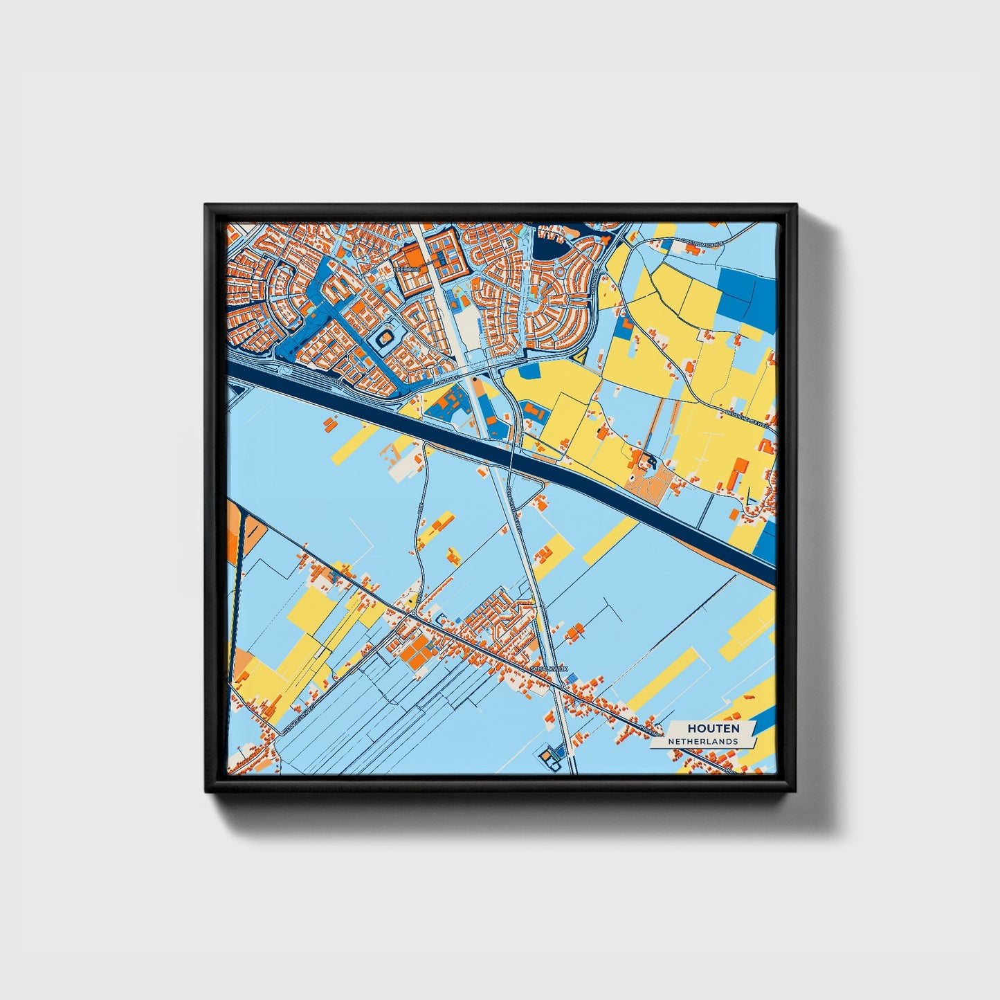 Houten Netherlands Colorful City Map Canvas Print • Black Framed