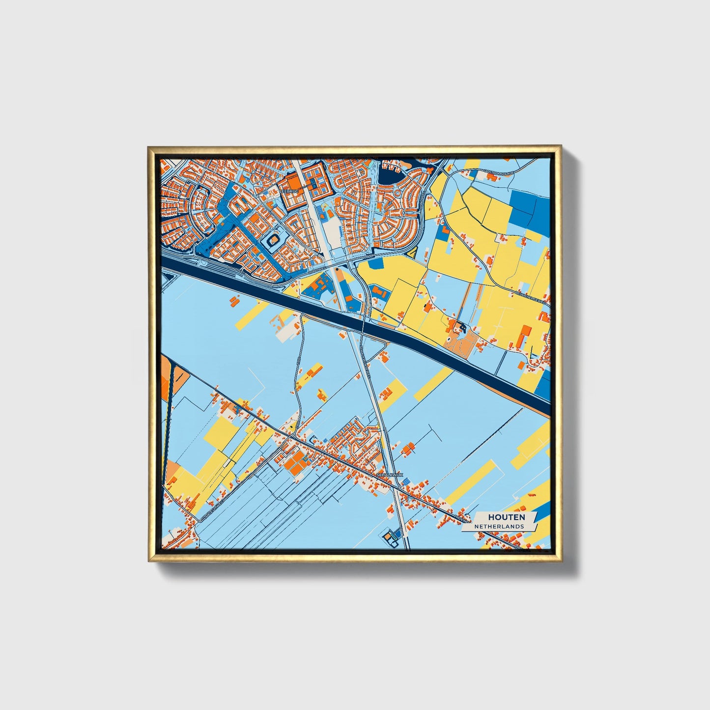 Houten Netherlands Colorful City Map Canvas Print • Gold Framed