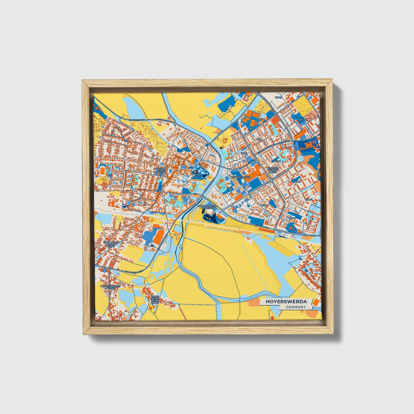 Hoyerswerda Germany Colorful City Map Canvas Print • Natural Wooden Framed