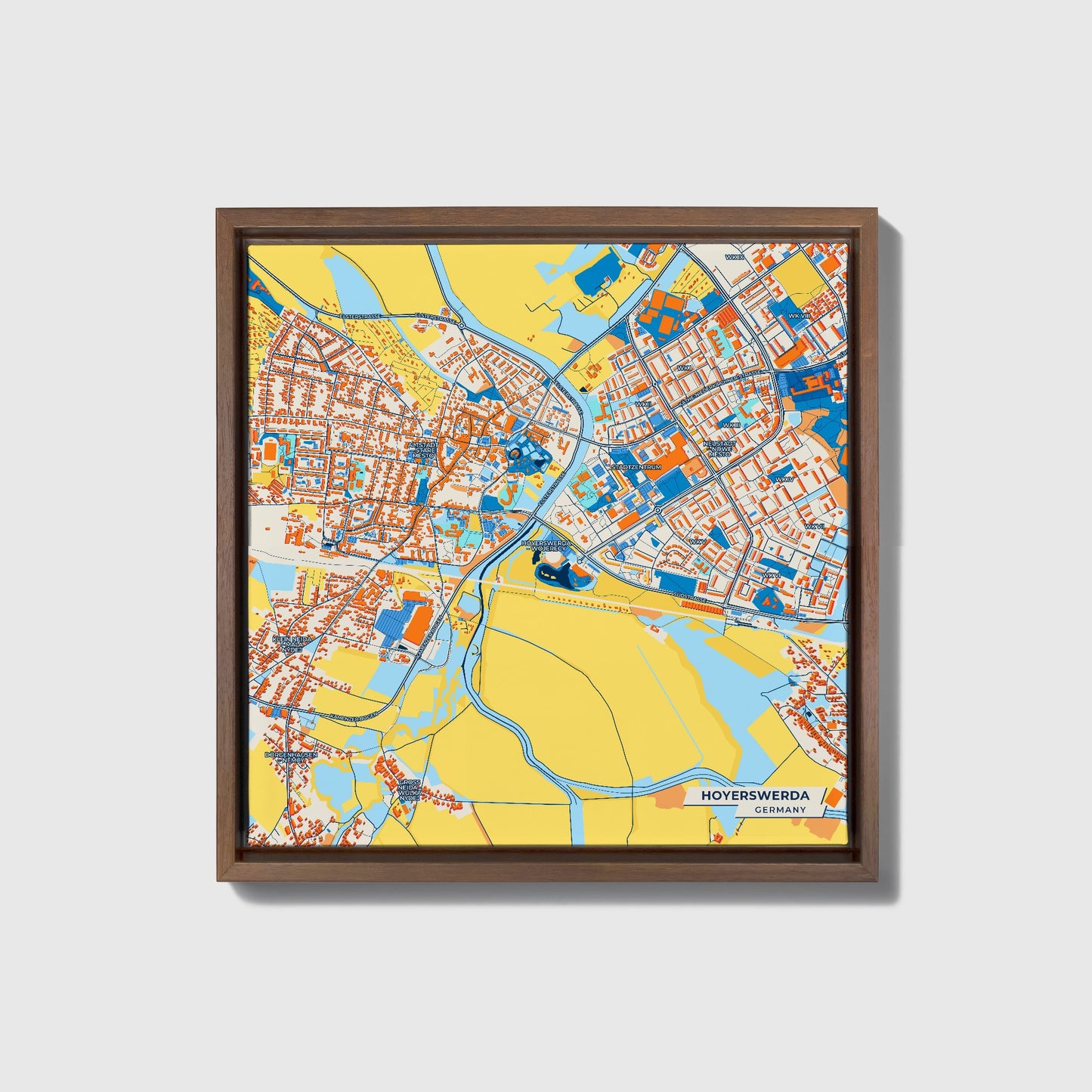 Hoyerswerda Germany Colorful City Map Canvas Print • Dark Wooden Framed