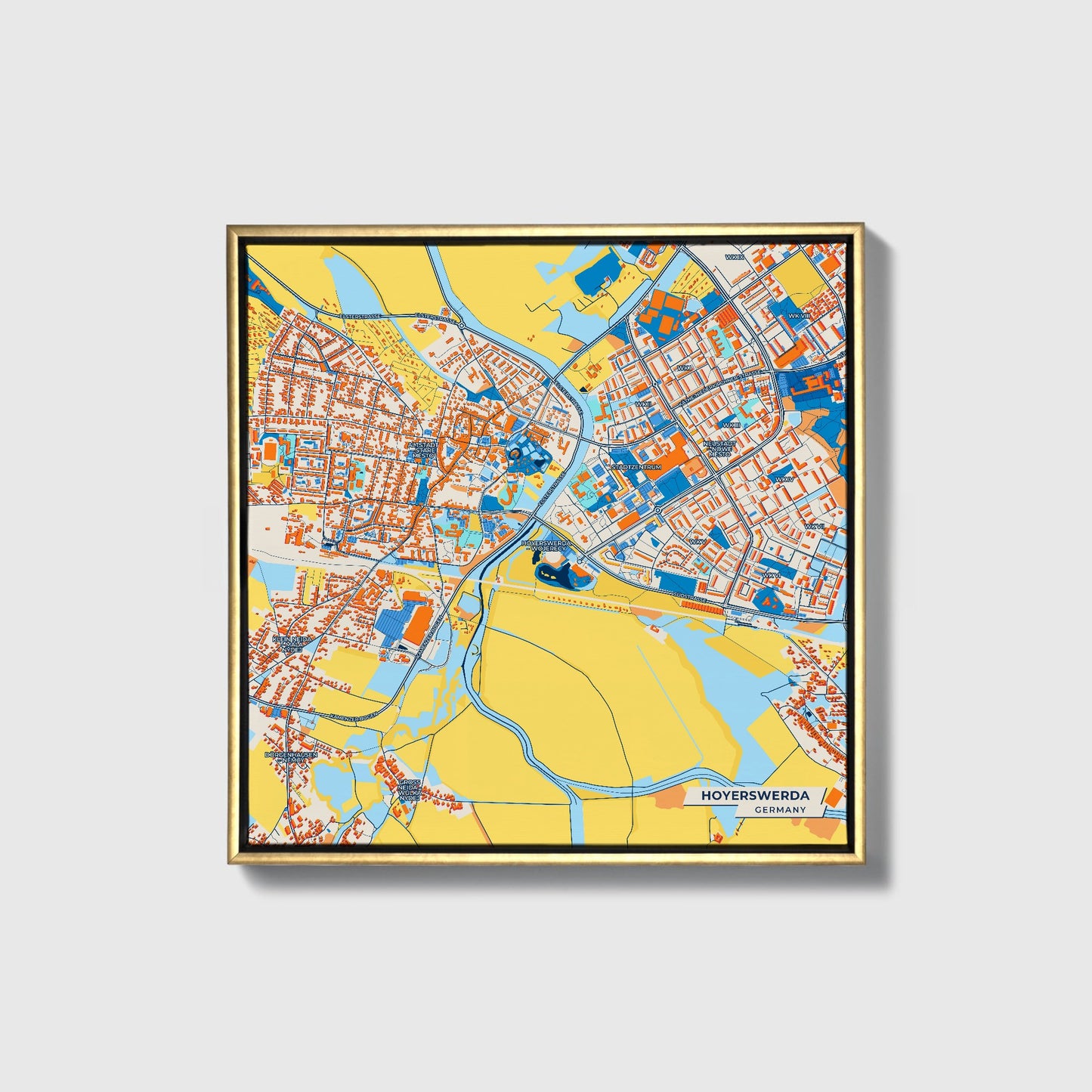 Hoyerswerda Germany Colorful City Map Canvas Print • Gold Framed