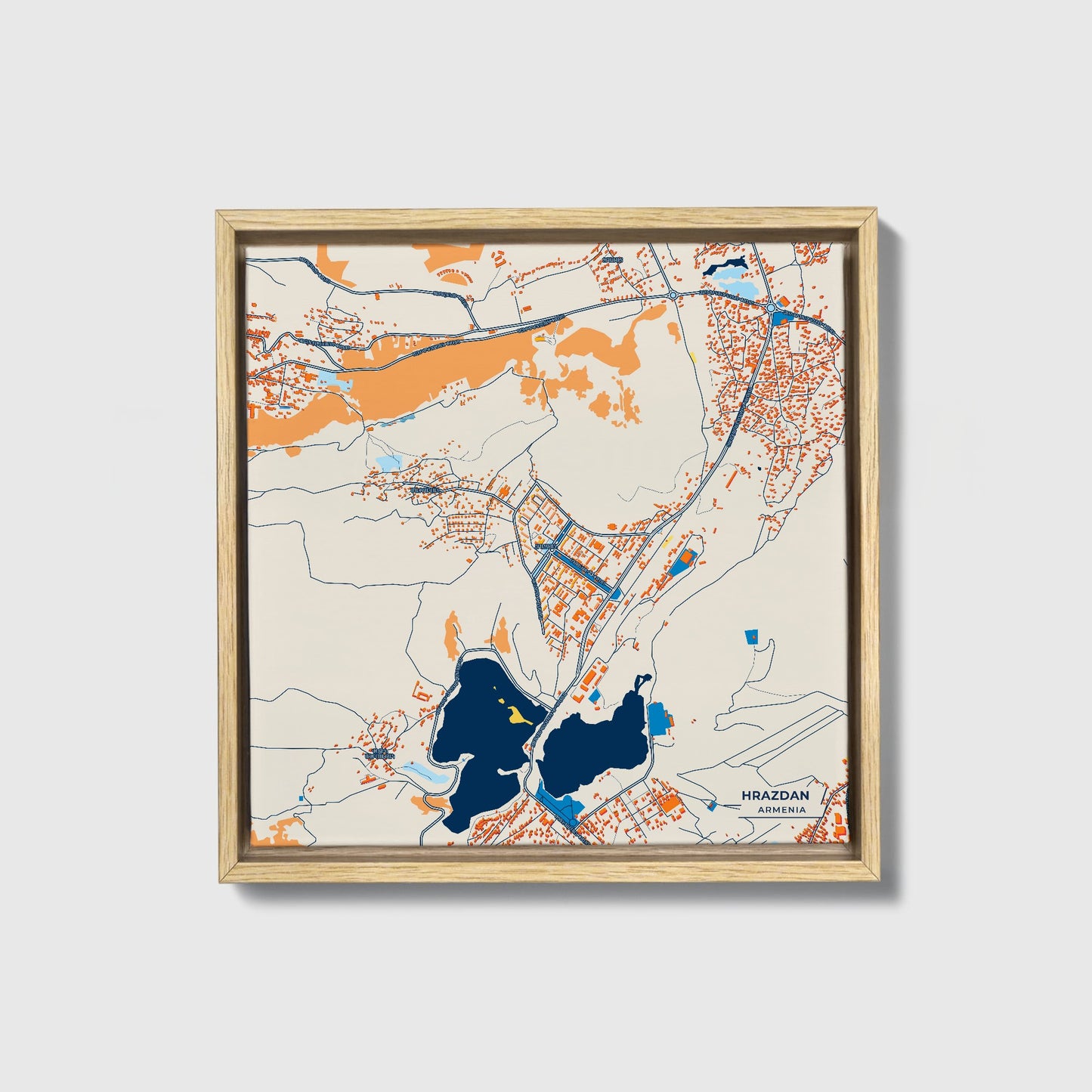 Hrazdan Armenia Colorful City Map Canvas Print • Natural Wooden Framed