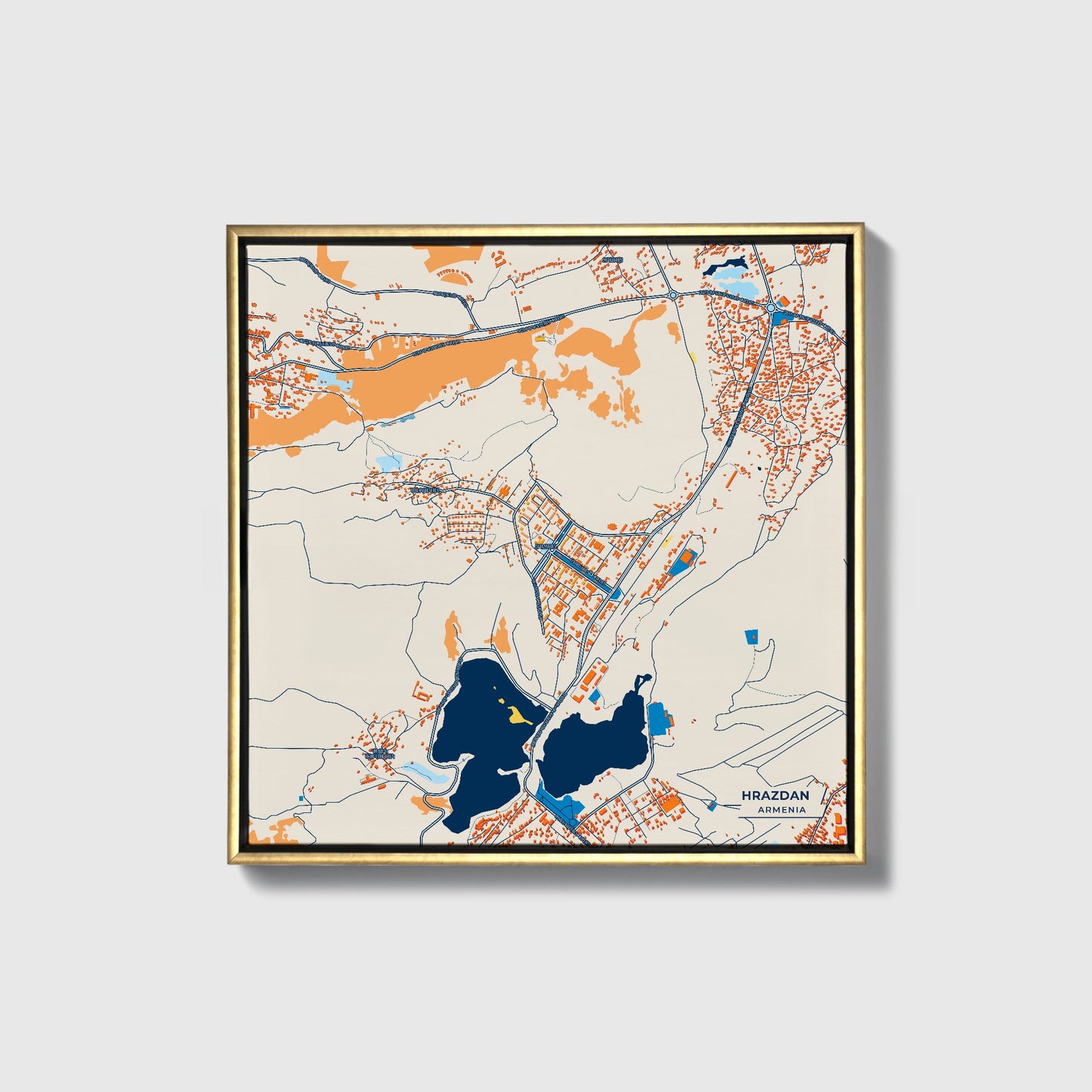 Hrazdan Armenia Colorful City Map Canvas Print • Gold Framed