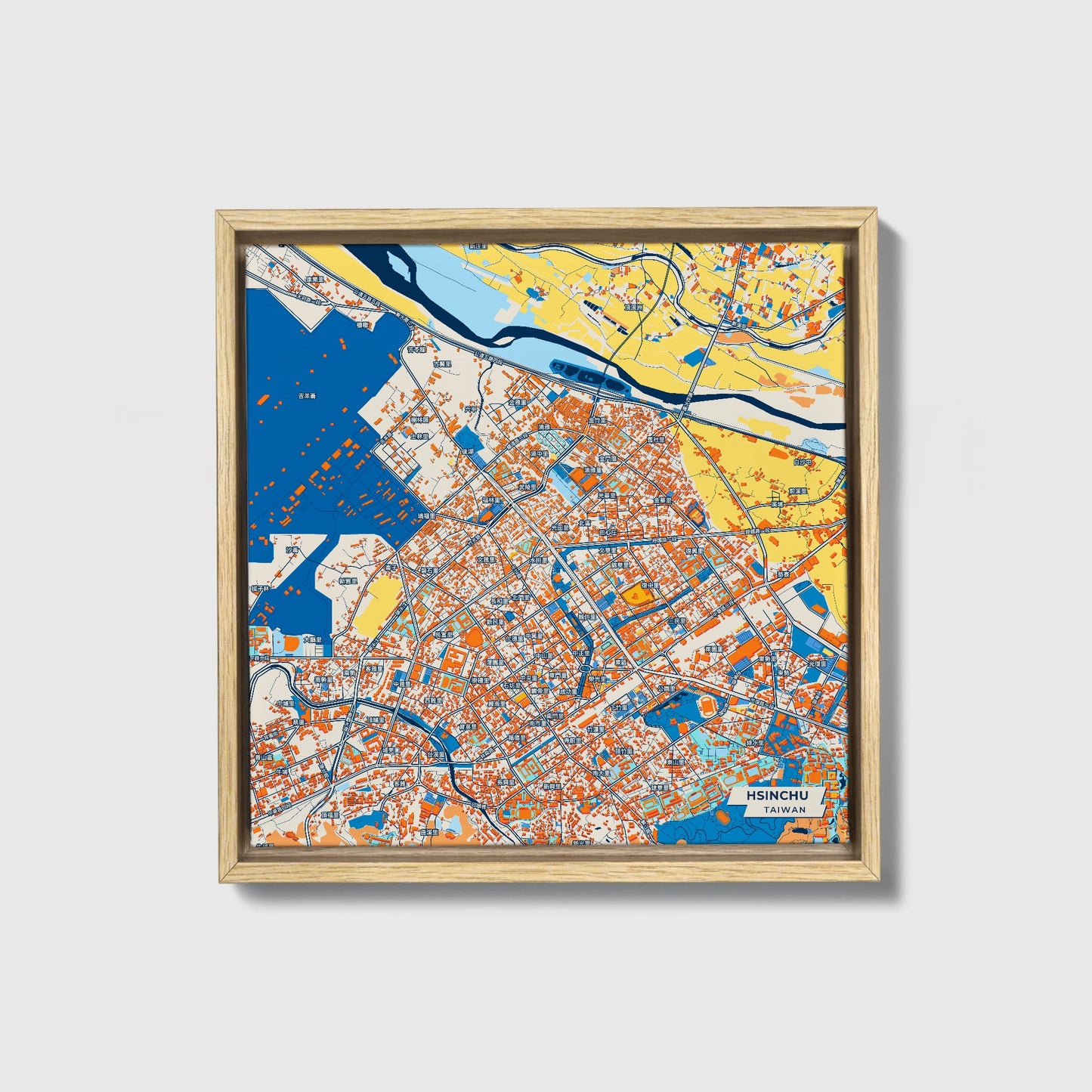 Hsinchu Taiwan Colorful City Map Canvas Print • Natural Wooden Framed