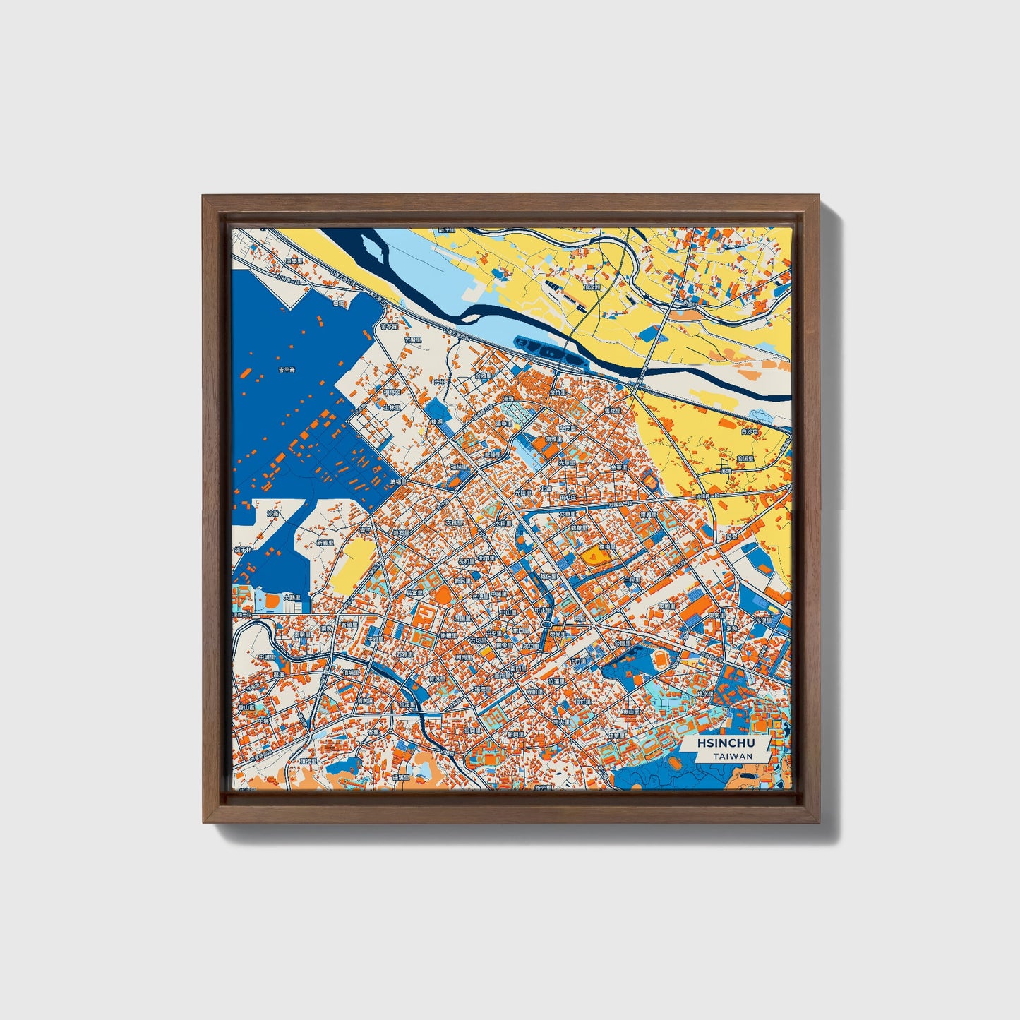 Hsinchu Taiwan Colorful City Map Canvas Print • Dark Wooden Framed