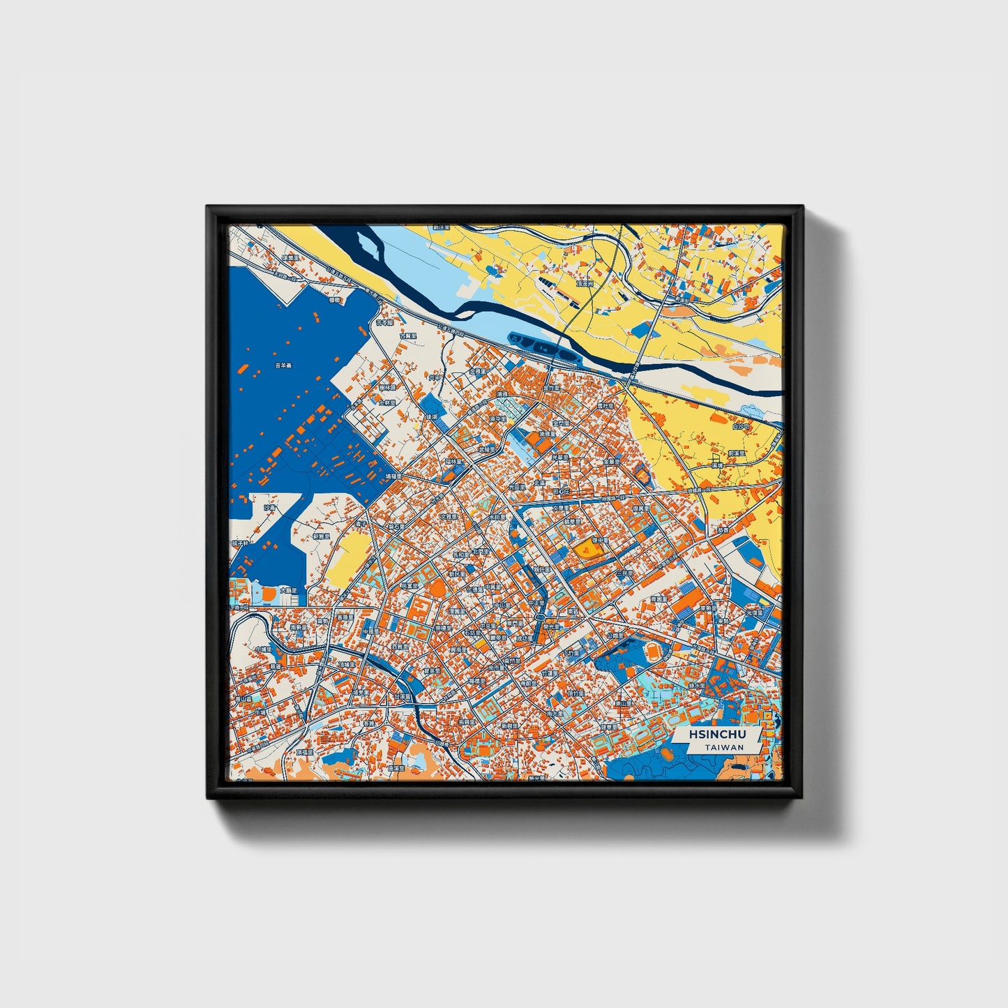 Hsinchu Taiwan Colorful City Map Canvas Print • Black Framed