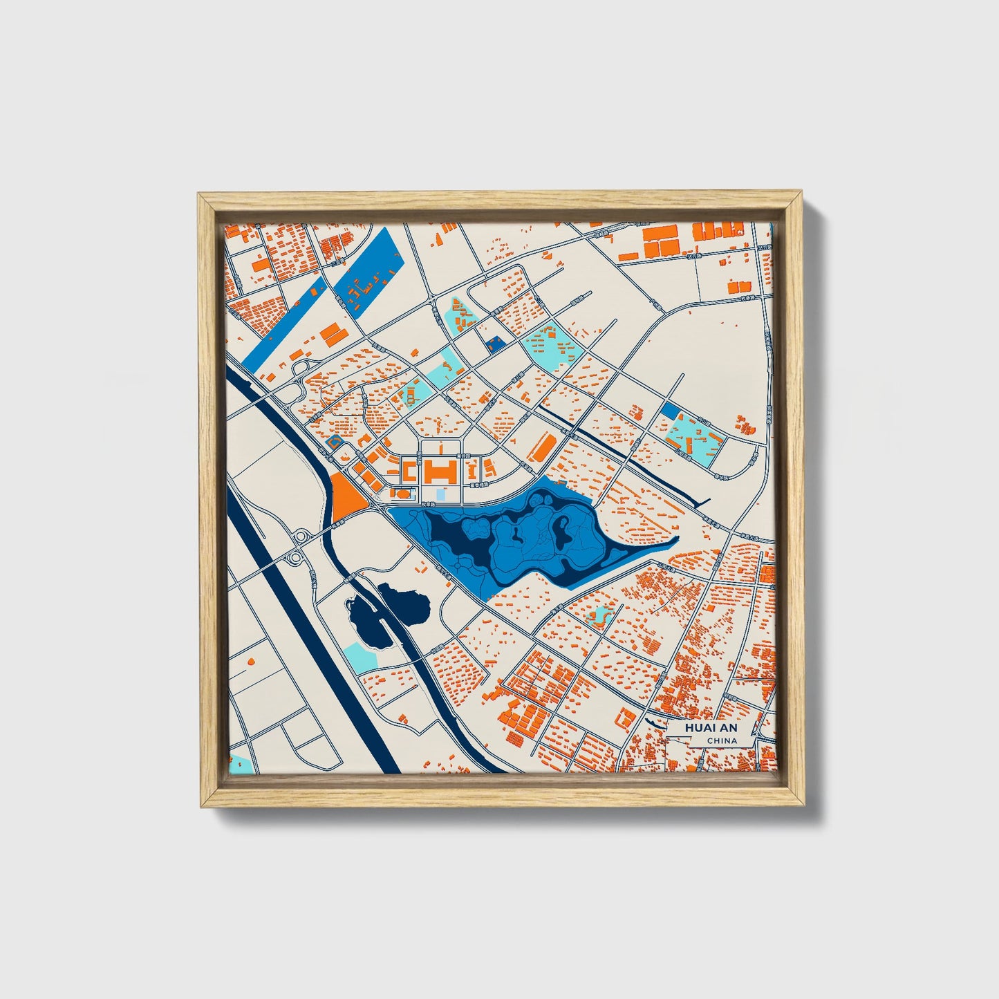 Huai An China Colorful City Map Canvas Print • Natural Wooden Framed