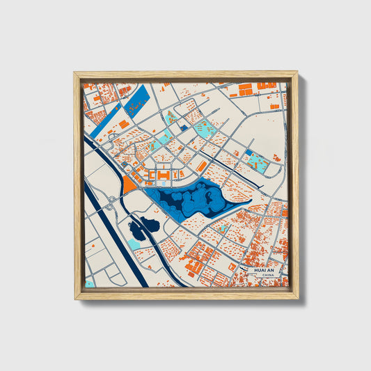 Huai An China Colorful City Map Canvas Print • Natural Wooden Framed