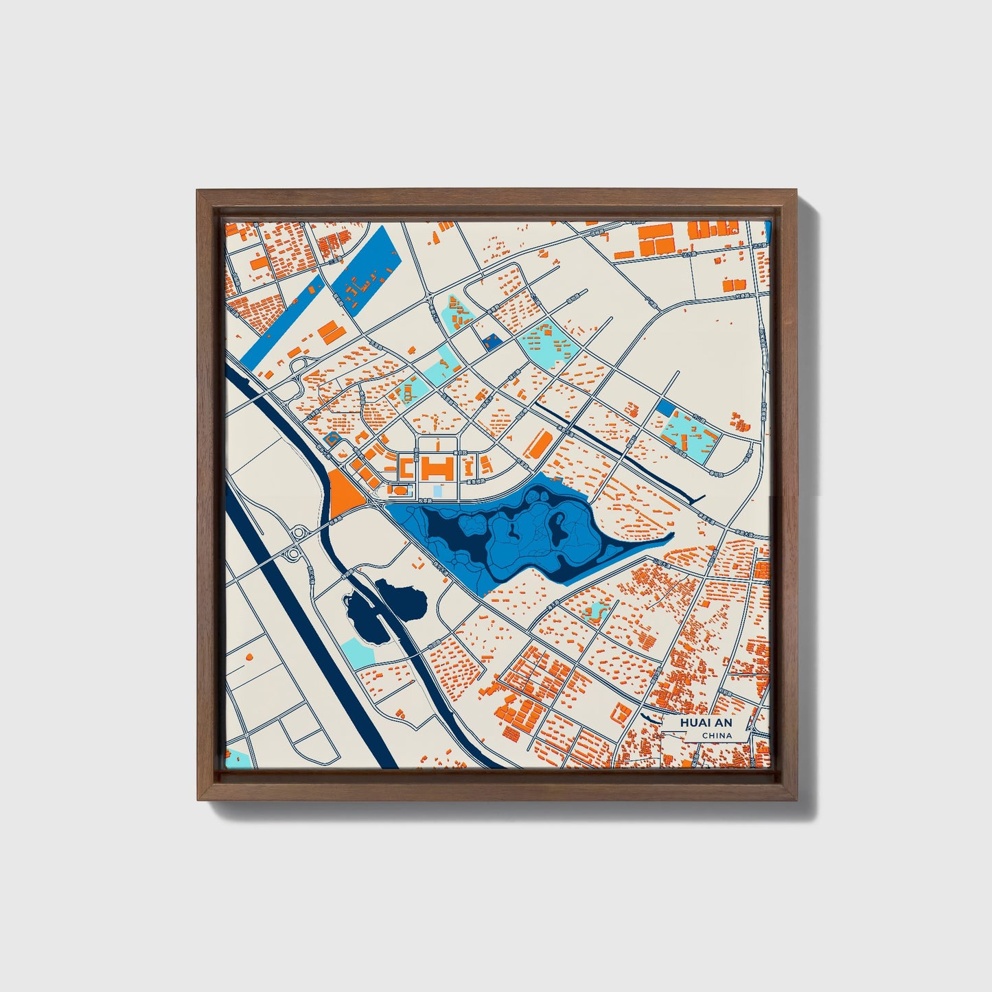 Huai An China Colorful City Map Canvas Print • Dark Wooden Framed
