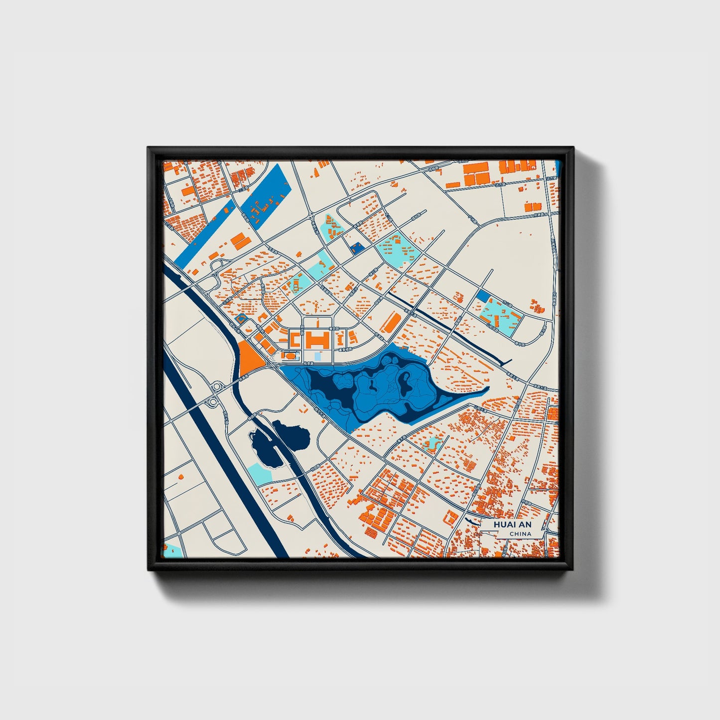 Huai An China Colorful City Map Canvas Print • Black Framed