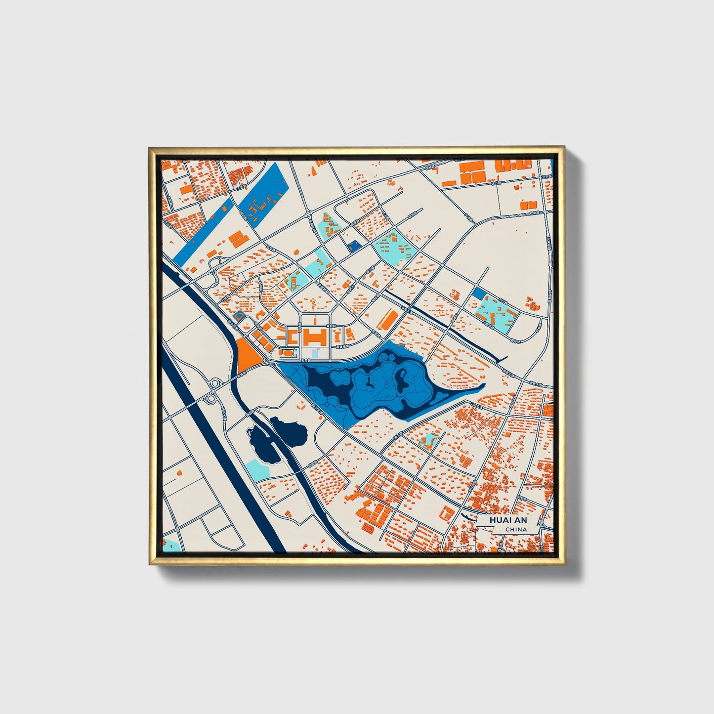 Huai An China Colorful City Map Canvas Print • Gold Framed
