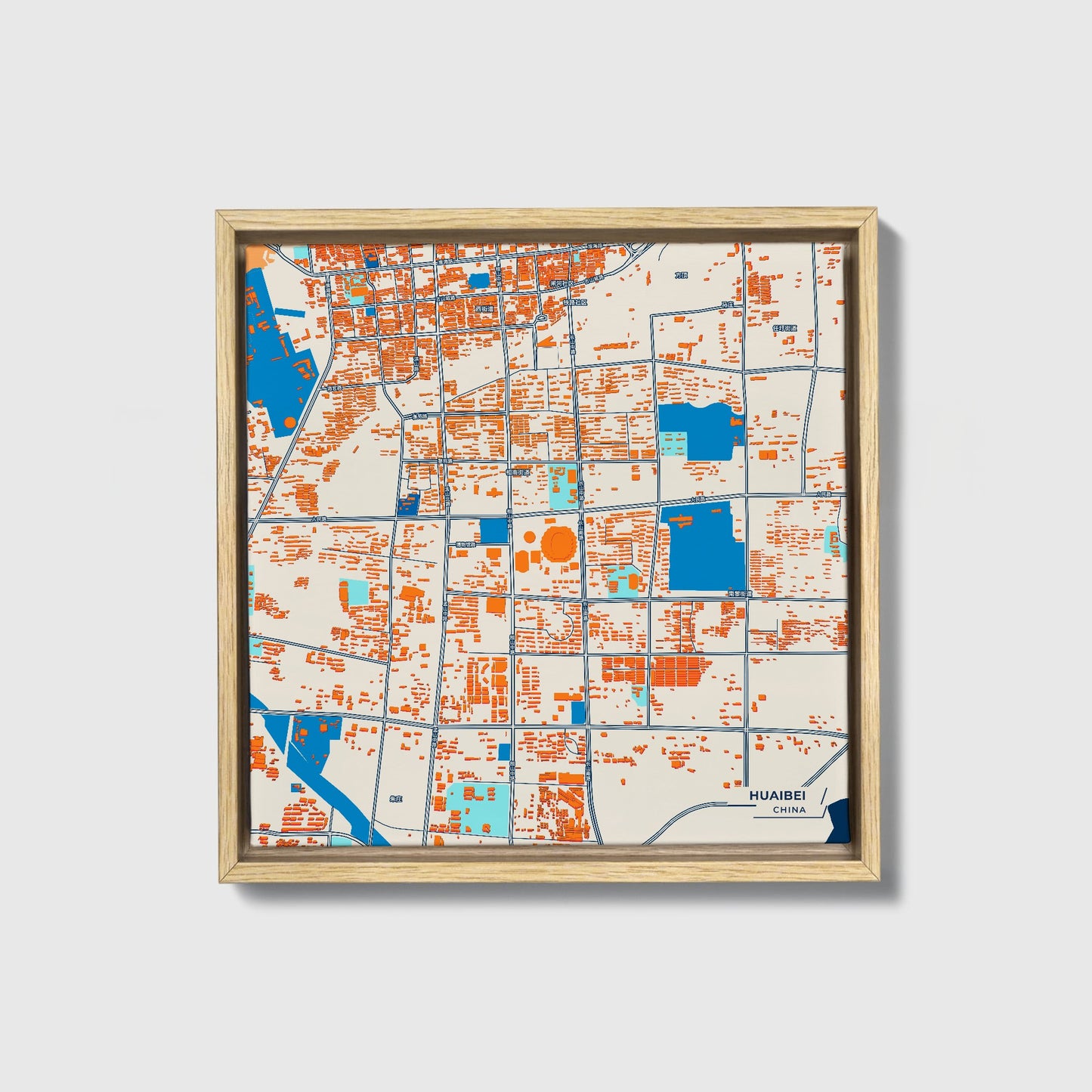 Huaibei China Colorful City Map Canvas Print • Natural Wooden Framed