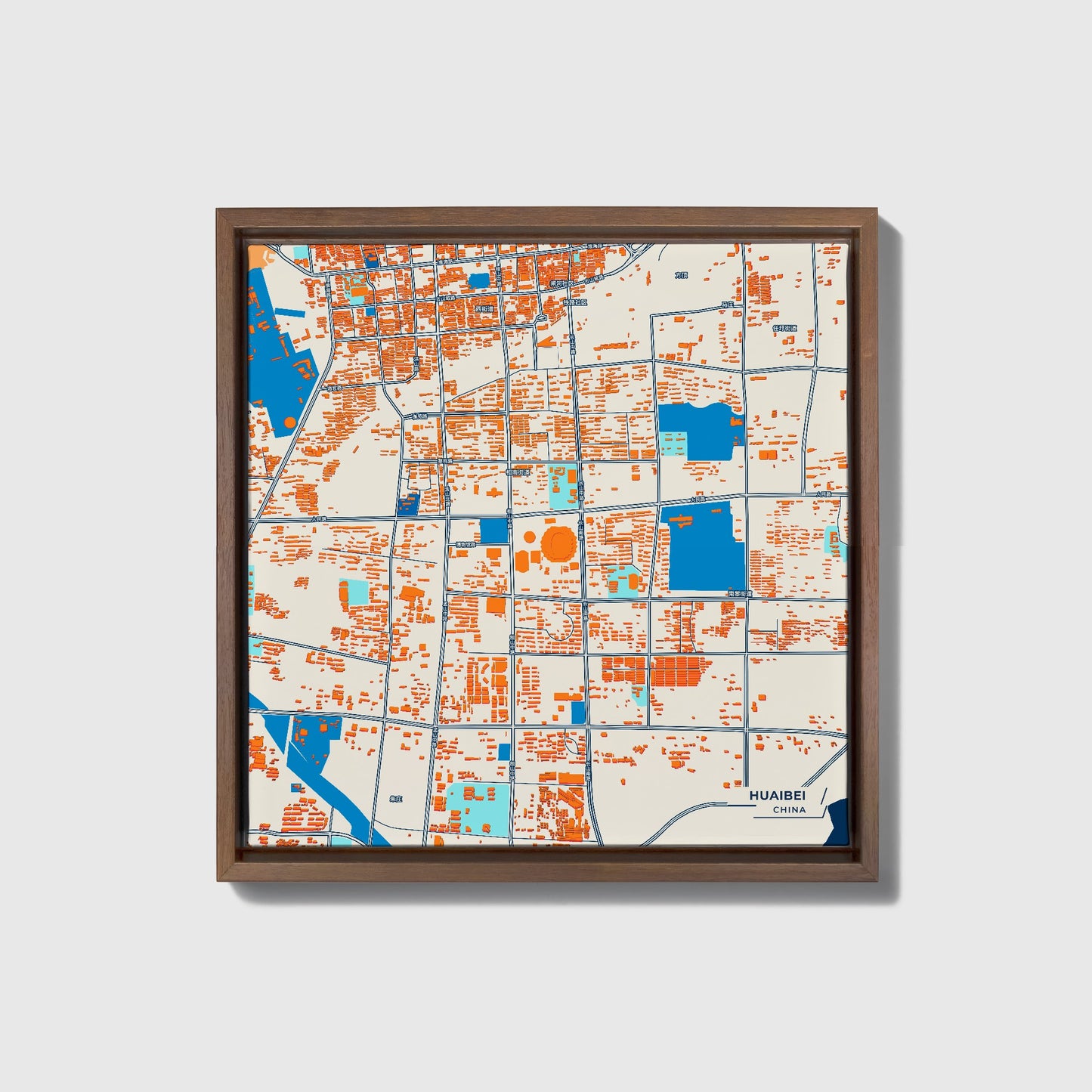 Huaibei China Colorful City Map Canvas Print • Dark Wooden Framed