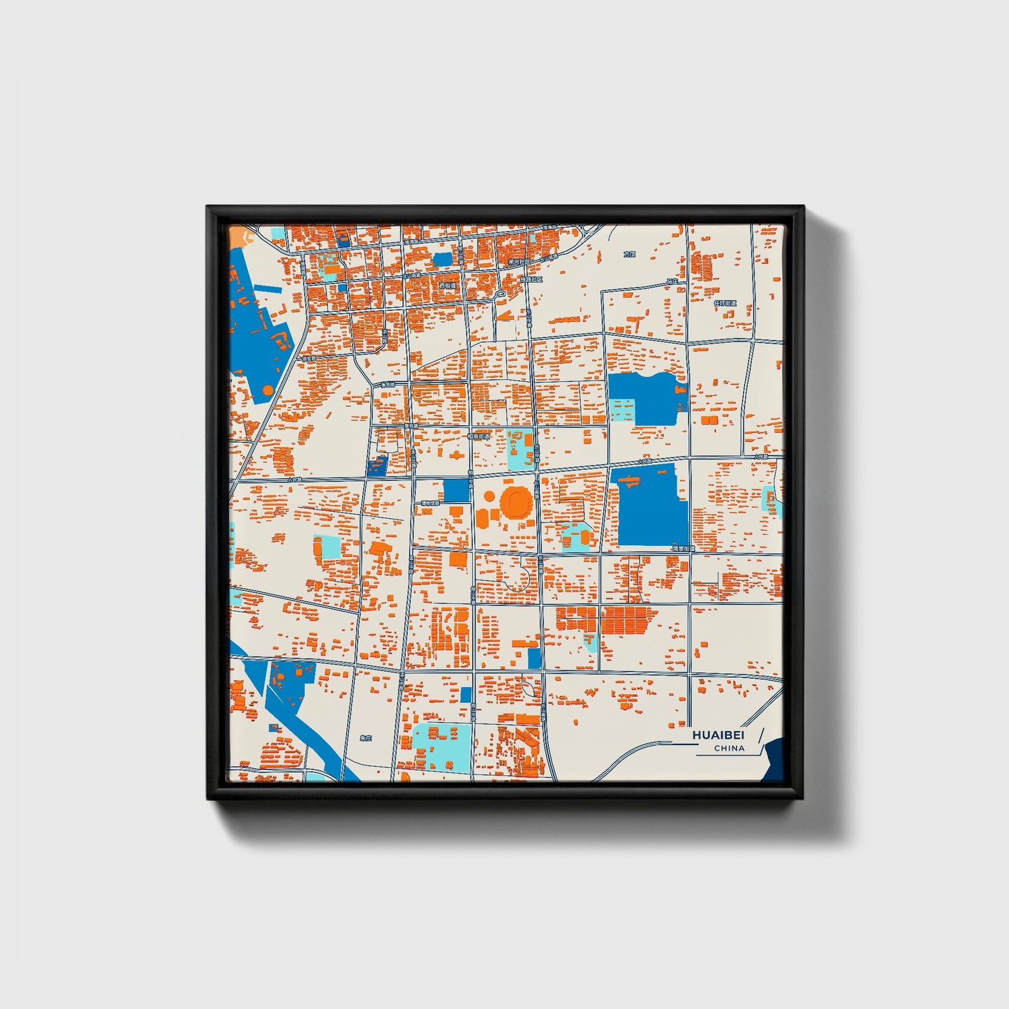 Huaibei China Colorful City Map Canvas Print • Black Framed