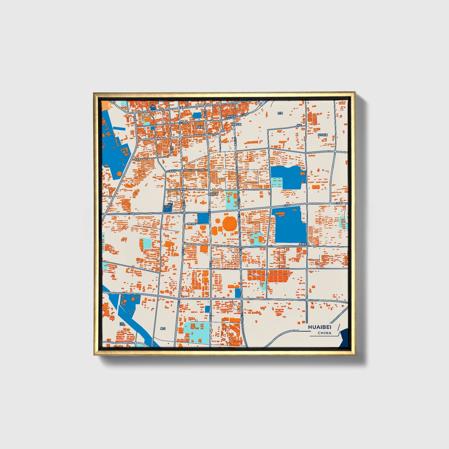 Huaibei China Colorful City Map Canvas Print • Gold Framed