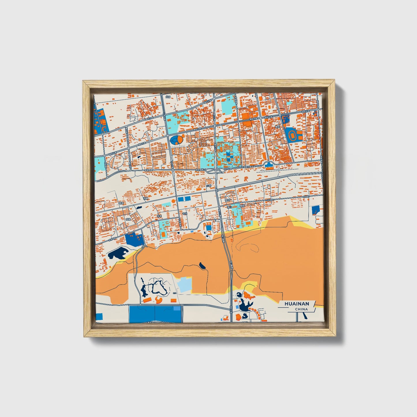 Huainan China Colorful City Map Canvas Print • Natural Wooden Framed