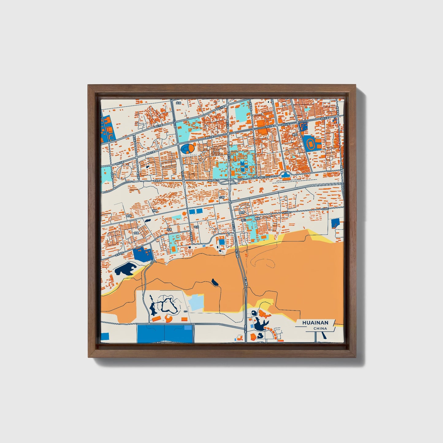 Huainan China Colorful City Map Canvas Print • Dark Wooden Framed