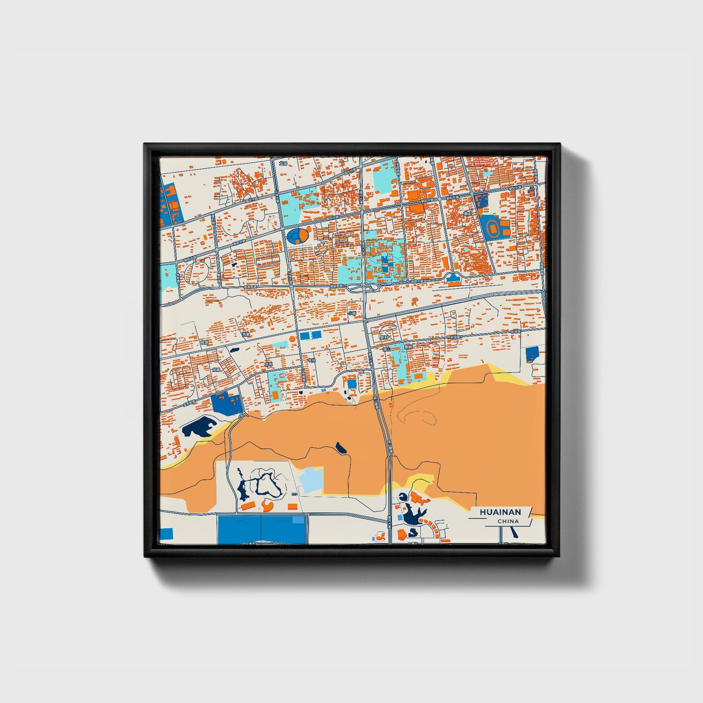 Huainan China Colorful City Map Canvas Print • Black Framed
