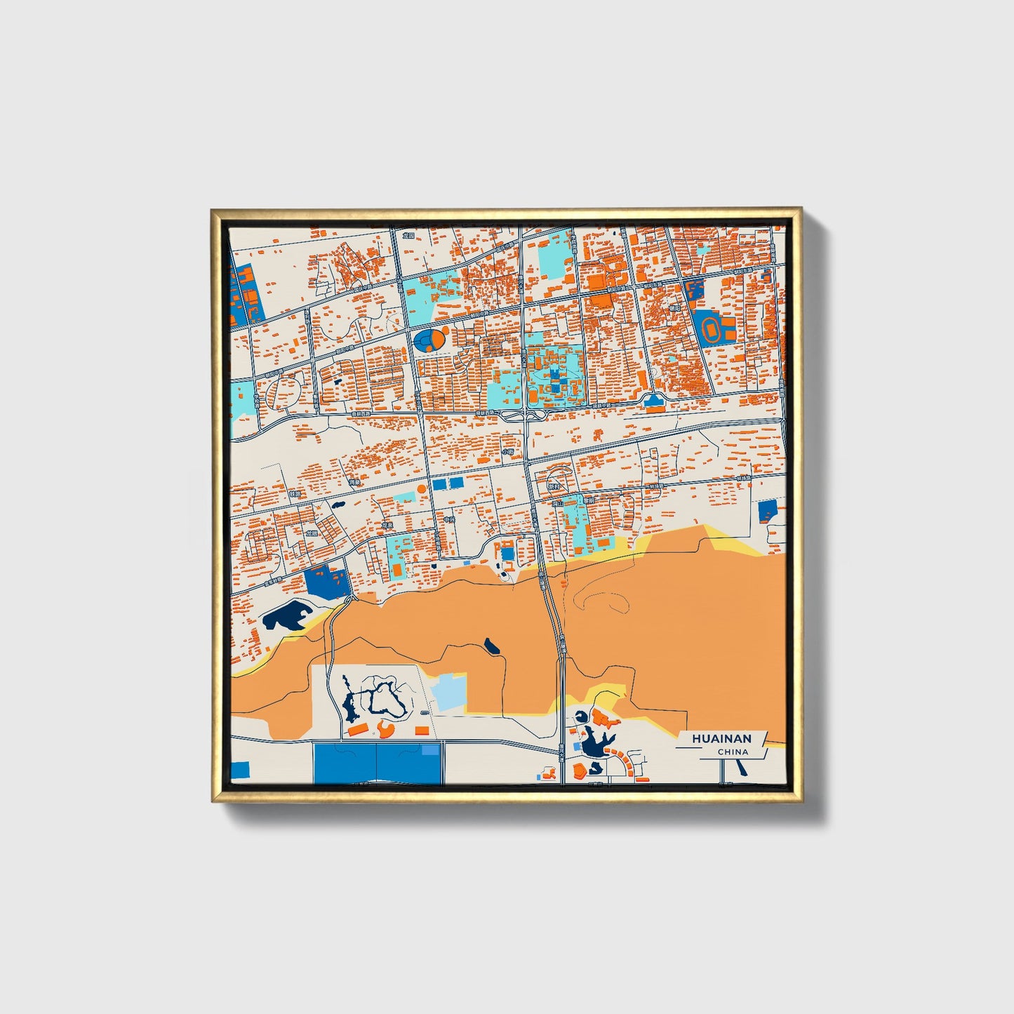 Huainan China Colorful City Map Canvas Print • Gold Framed