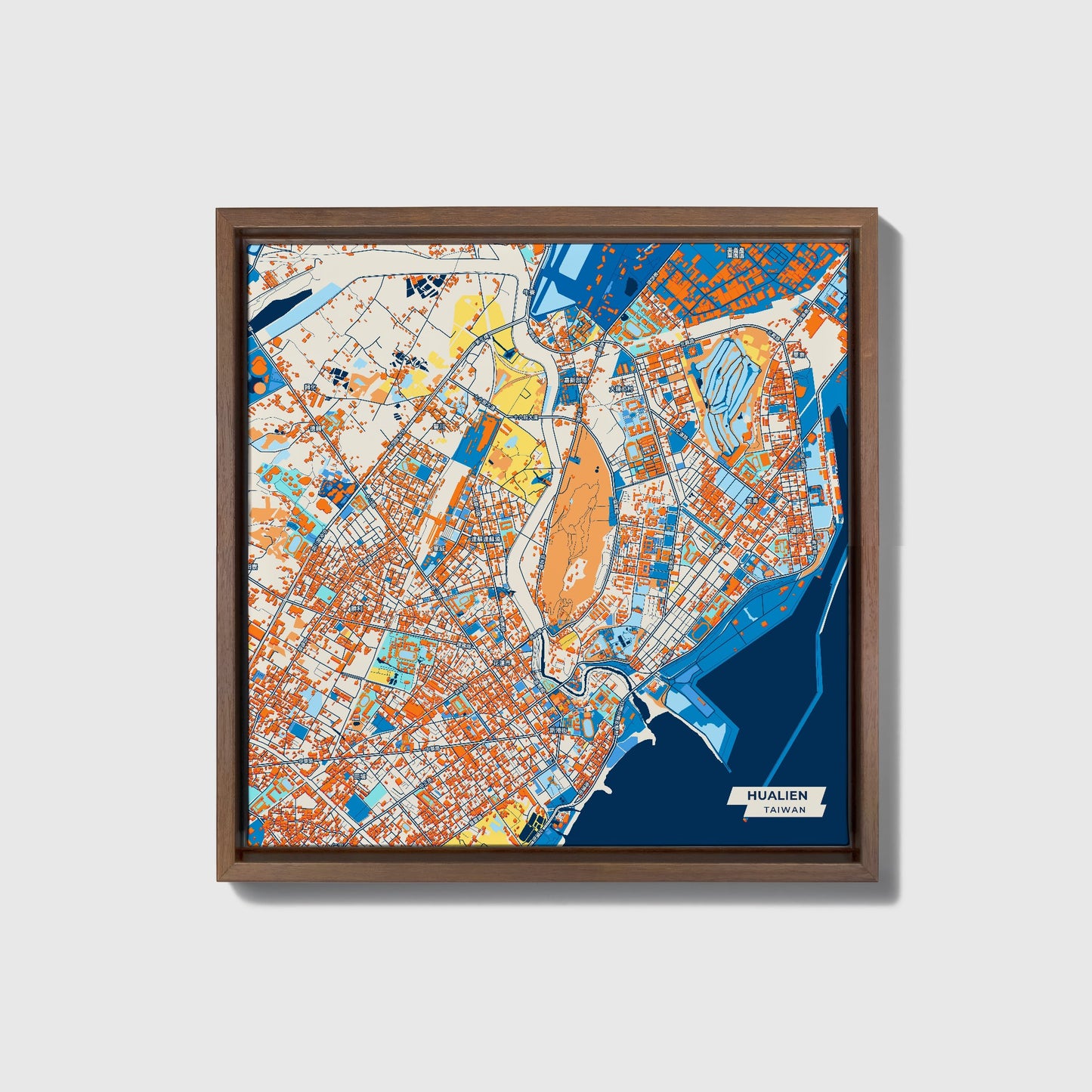 Hualien Taiwan Colorful City Map Canvas Print • Dark Wooden Framed