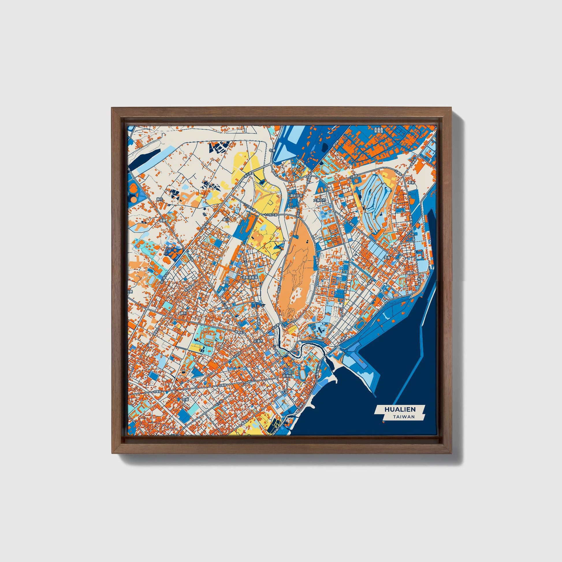 Hualien Taiwan Colorful City Map Canvas Print • Dark Wooden Framed