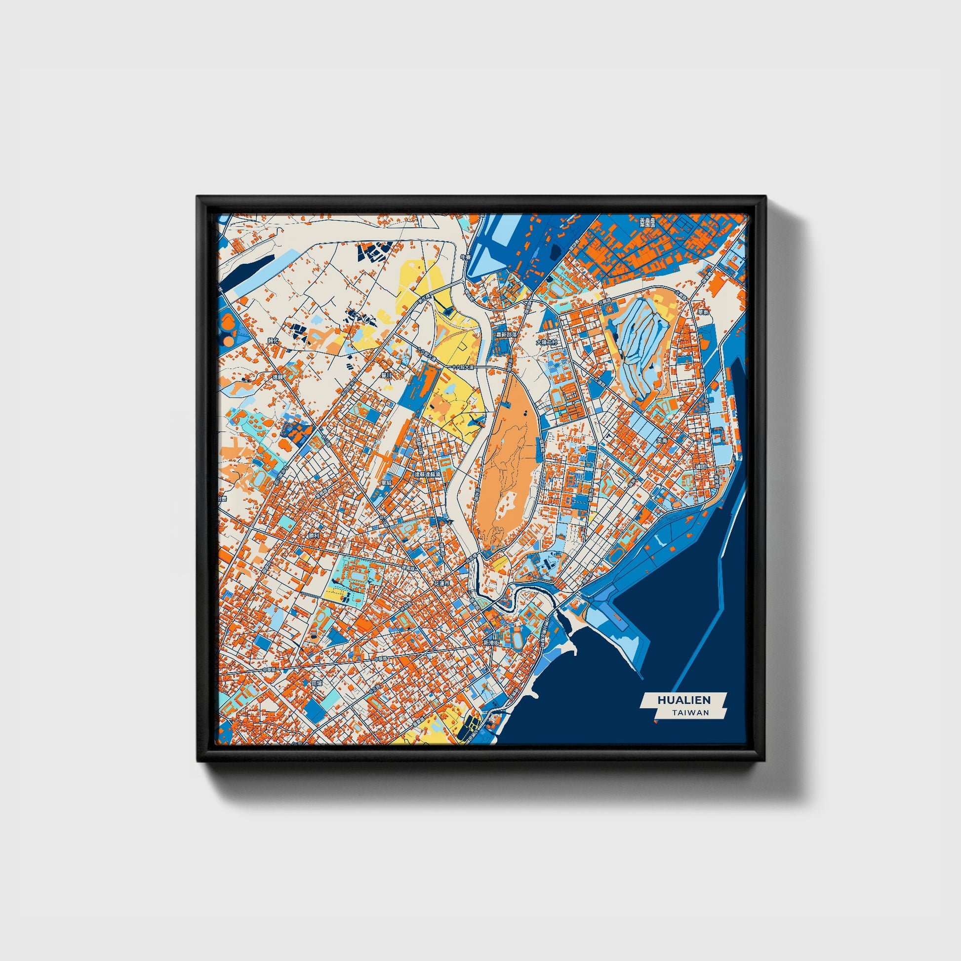Hualien Taiwan Colorful City Map Canvas Print • Black Framed