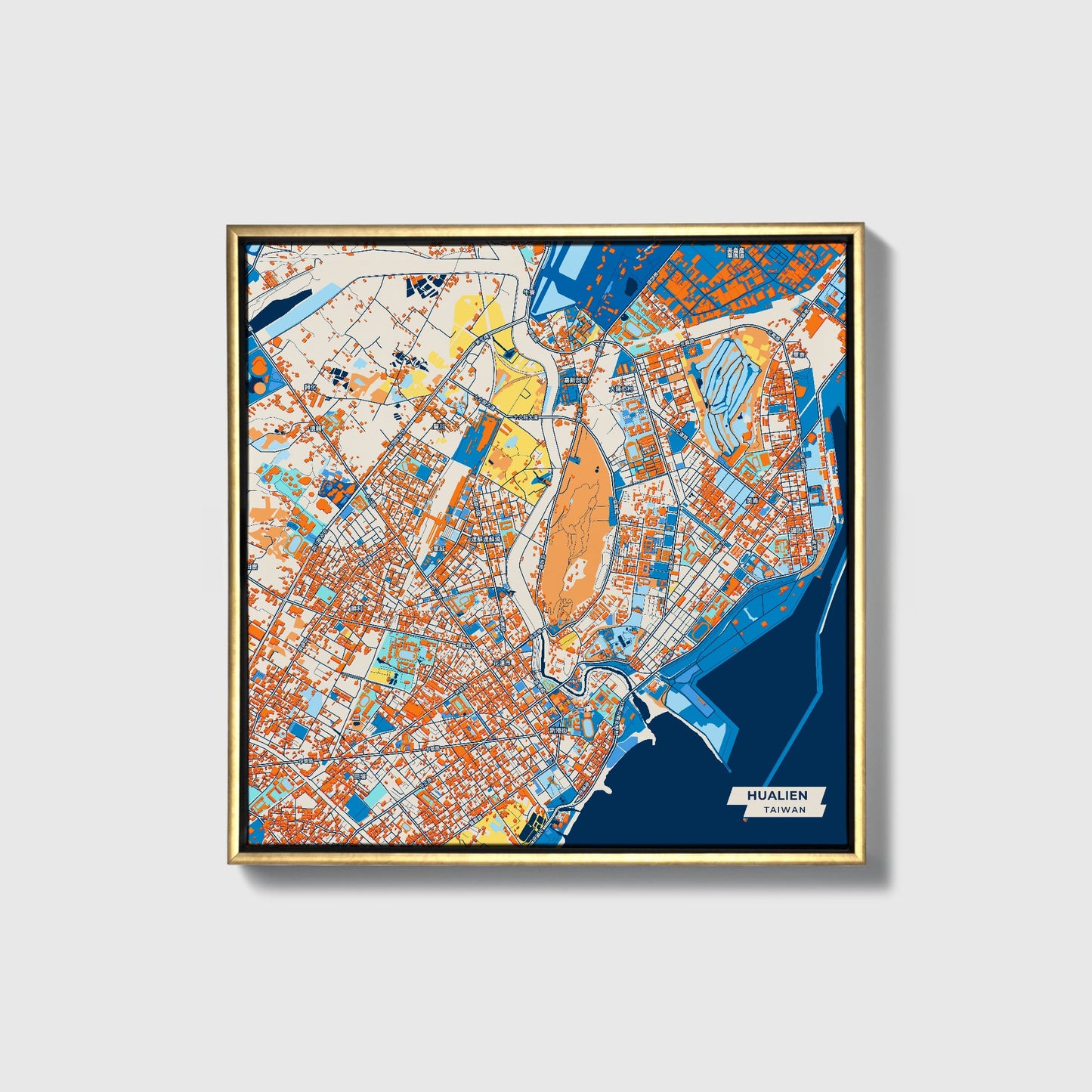 Hualien Taiwan Colorful City Map Canvas Print • Gold Framed